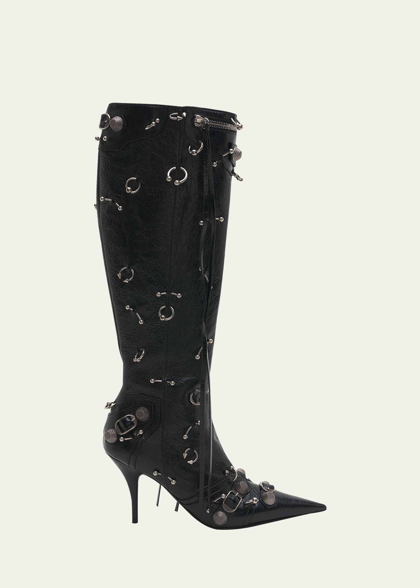 Shop Balenciaga Cagole Leather Embellished Zip Knee Boots In Blacksilver