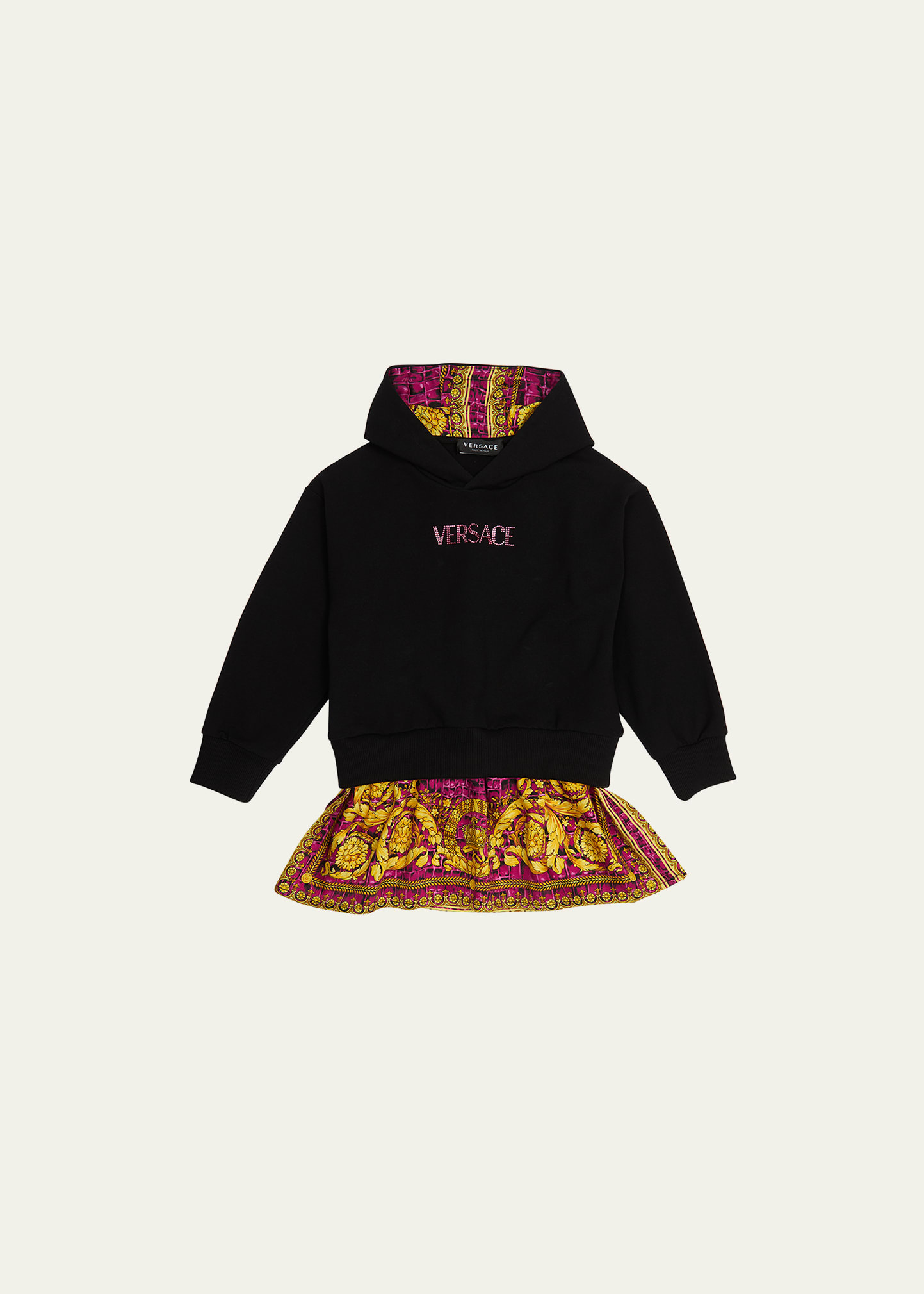 Shop Versace Girl's Embellished Logo-print Hooded Combo Dress In Blackwaterlilygol
