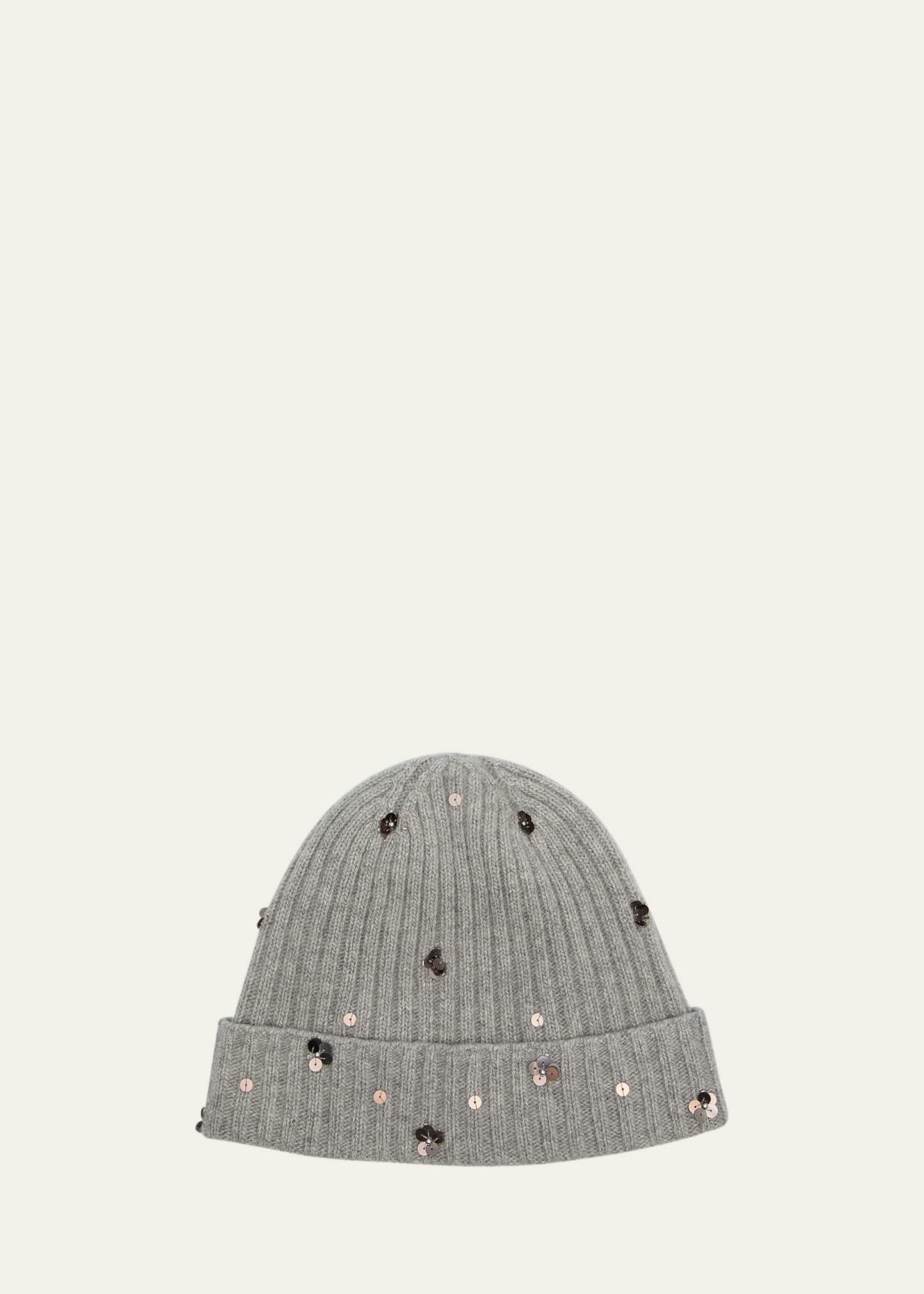 Portolano Sequin Floral Ribbed Cashmere Beanie In Gray