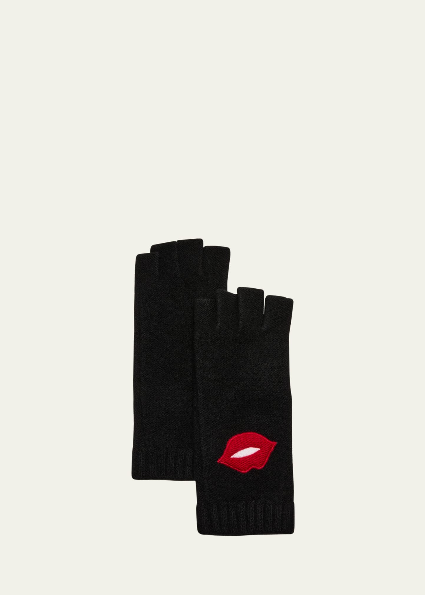 Portolano Fingerless Cashmere Gloves With Lips Motif In Black Rosso Cilie