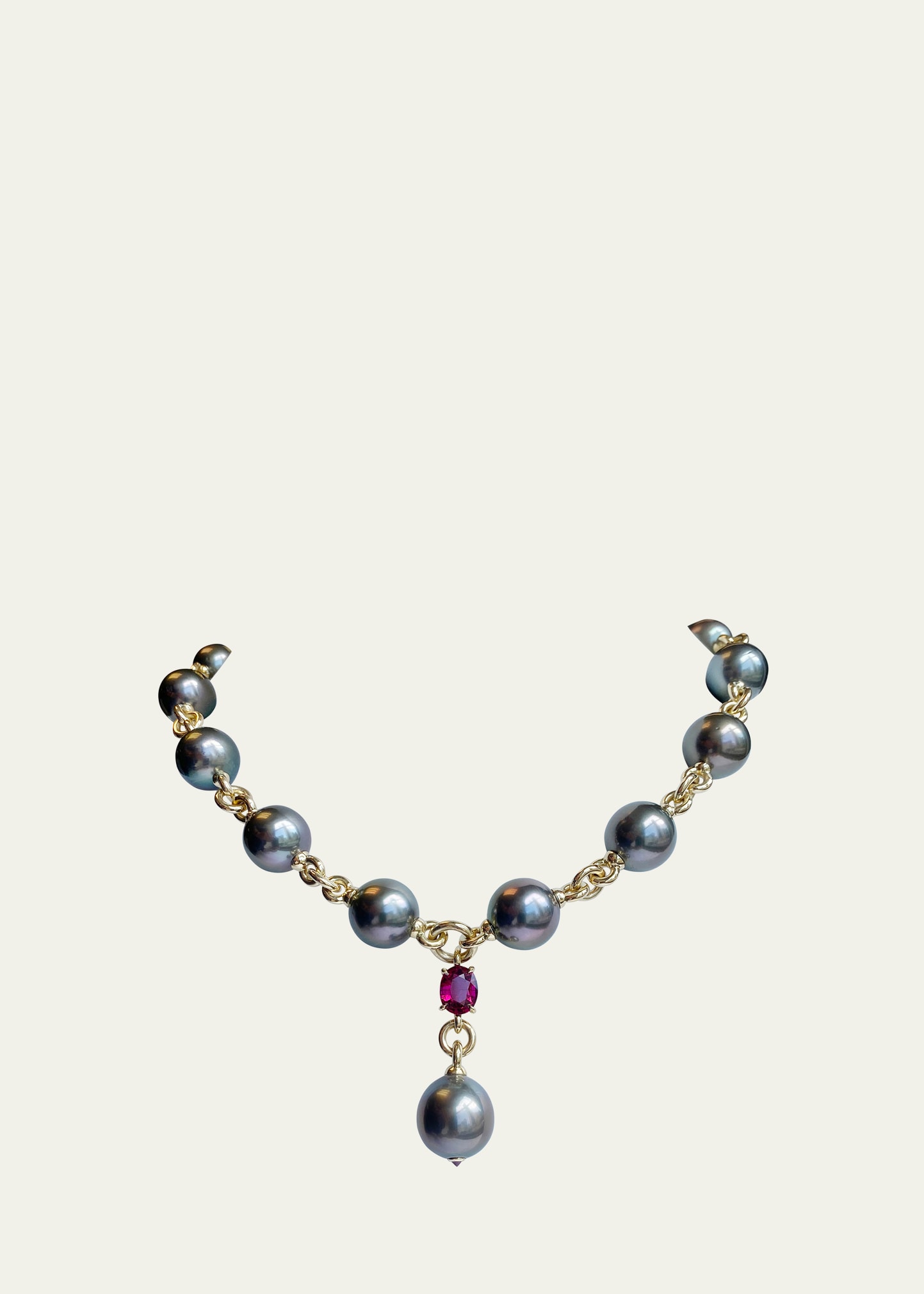 18k Yellow Gold Tahitian Pearl and Rubellite Y Necklace