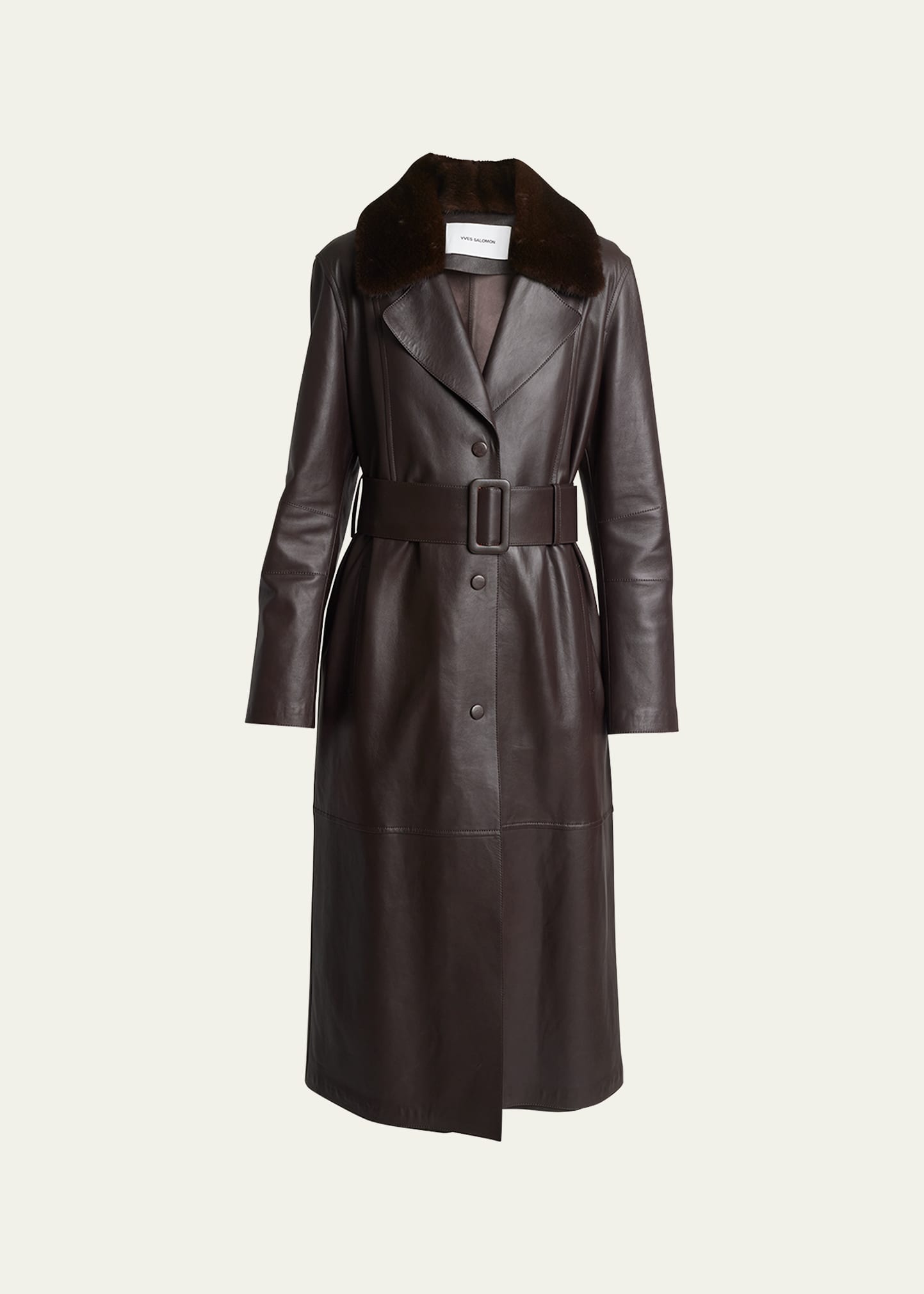 YVES SALOMON BELTED LEATHER TRENCH COAT WITH SHEARLING COLLAR
