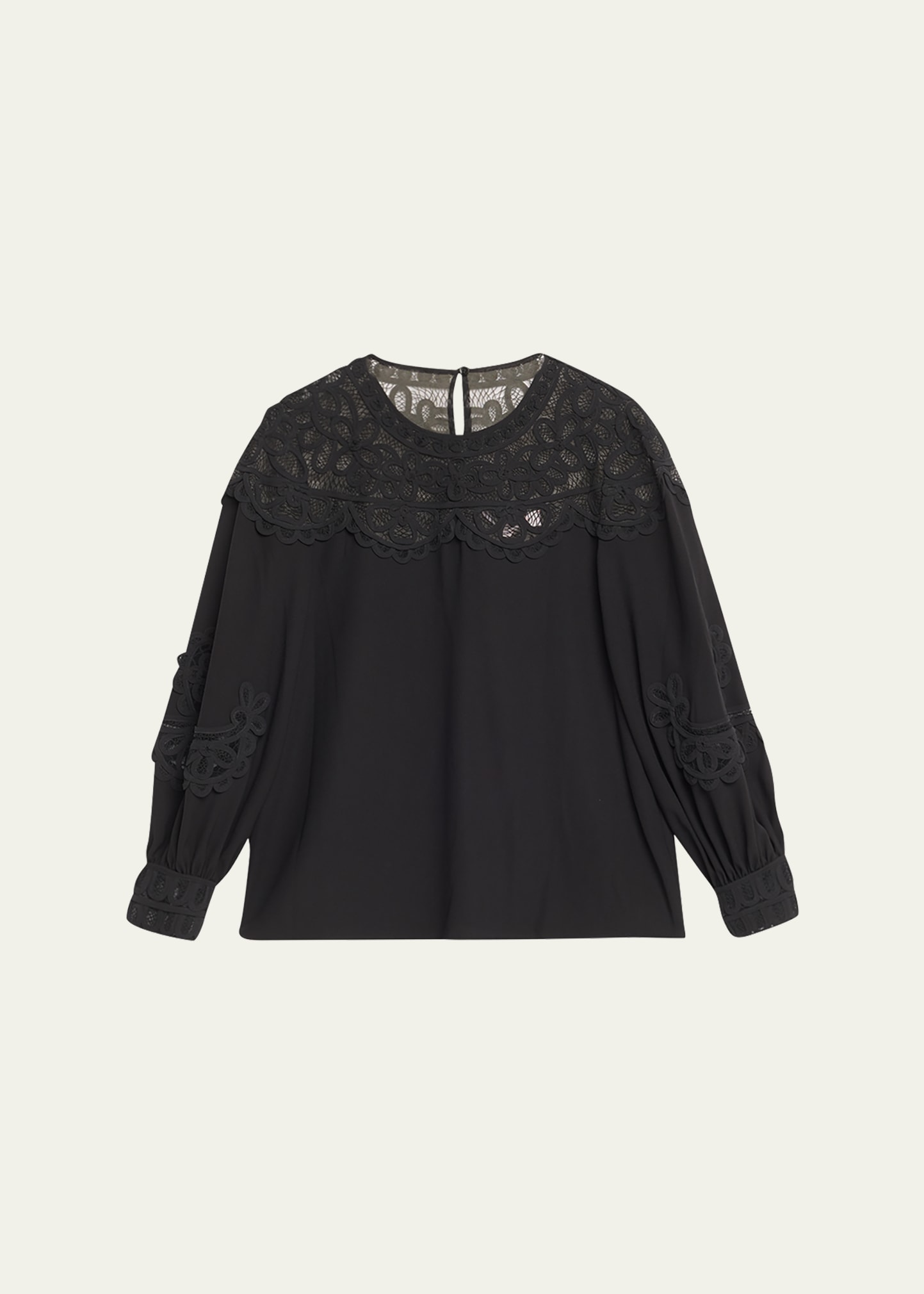 Shop Carolina Herrera Embroidered Puff-sleeve Top With Lace Panels In Black