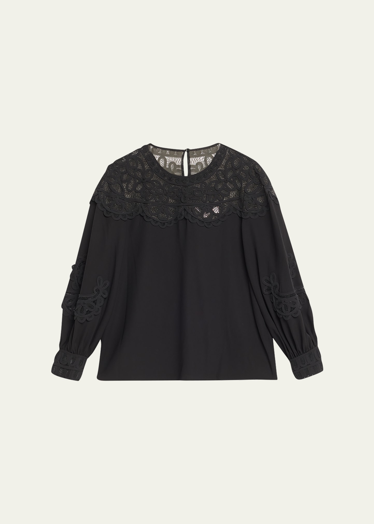 Carolina Herrera Embroidered Puff-sleeve Top With Lace Panels In Black