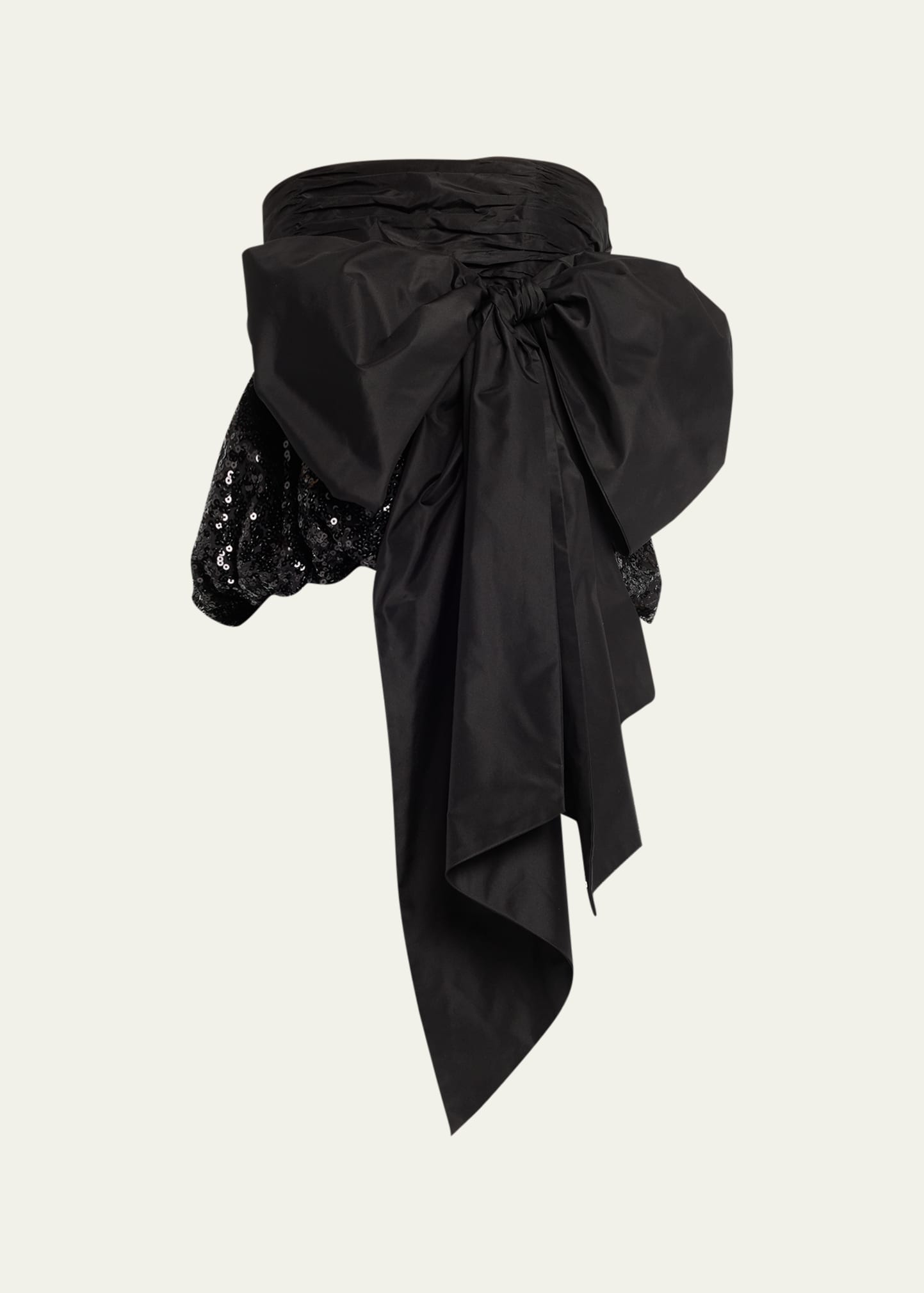 Loveshackfancy Jardena Bow-embellished Ruched Taffeta And Sequined Crepe Top In Black