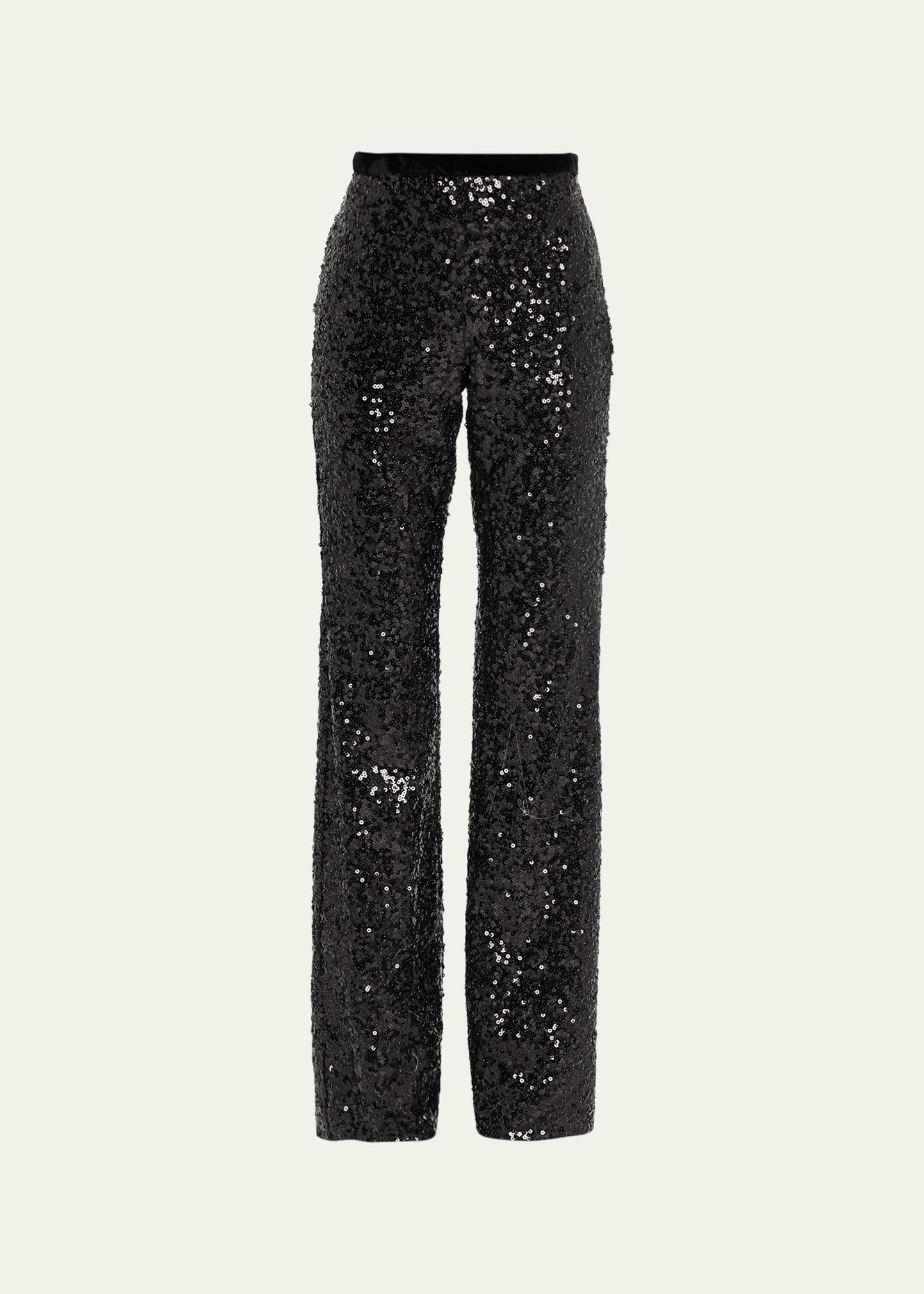 Loveshackfancy Journee Velvet-trimmed Sequined Crepe Straight-leg Pants In Black