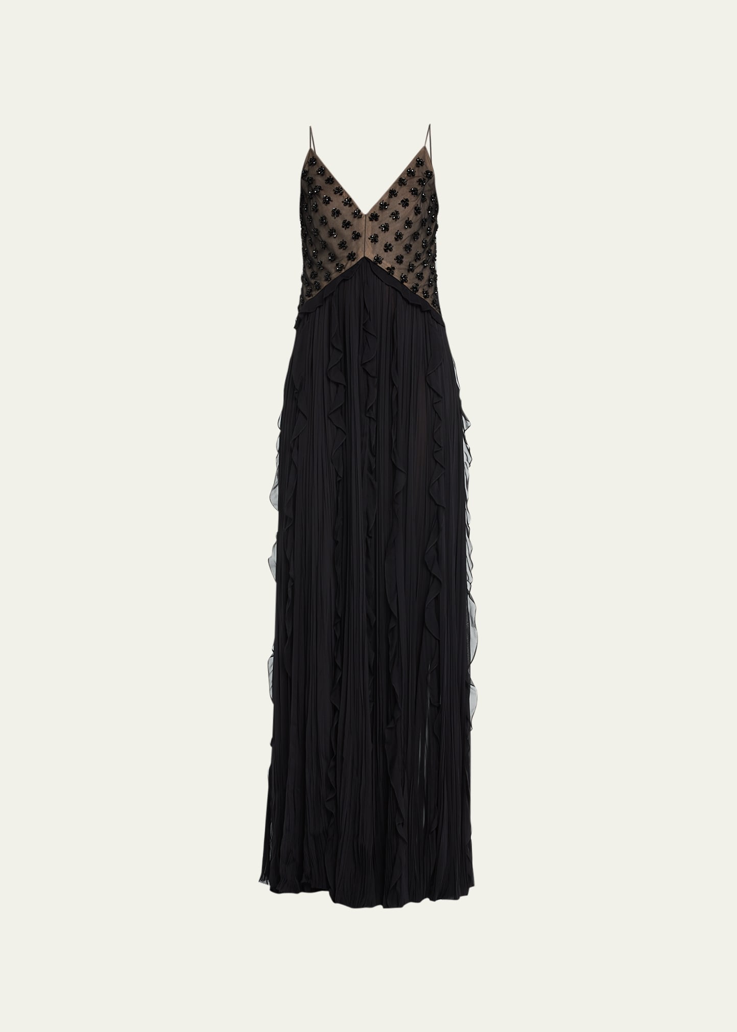 J Mendel Embroidered Floral Silk Hand Pleated Ruffles Gown In Black
