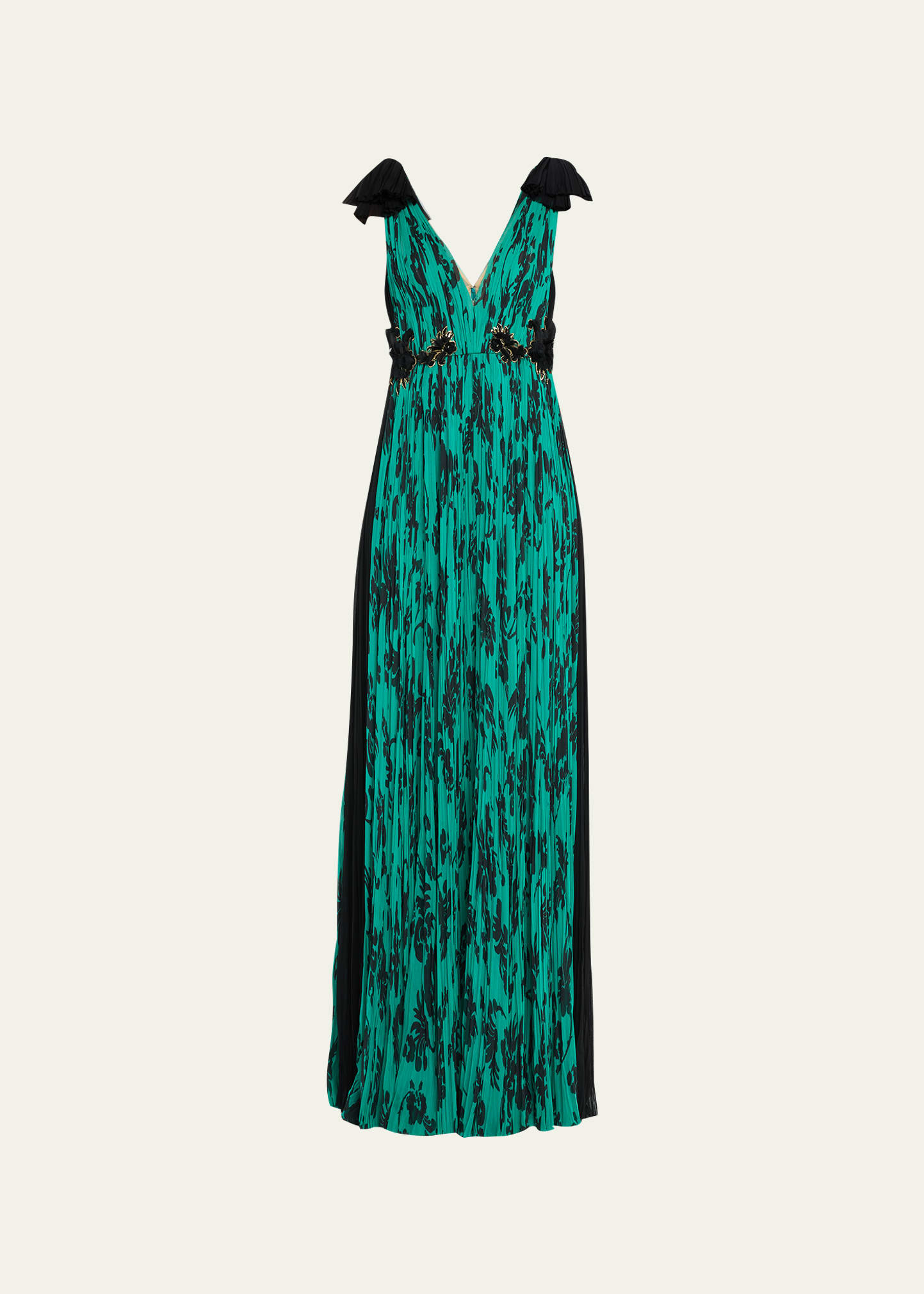 J Mendel Water Garden Floral Printed Silk Hand Pleated Gown In Black