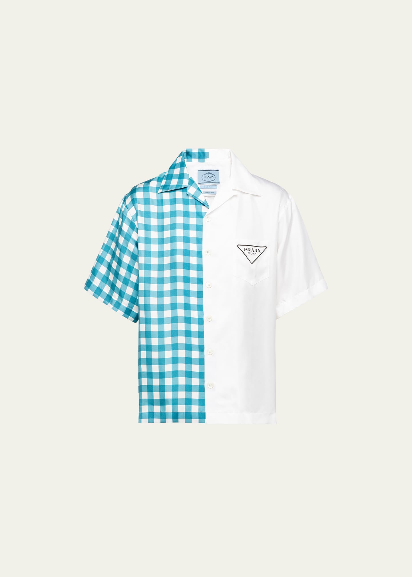 Shop Prada Men's Twill Vichy Double Match Bowling Shirt In Bianco Turchese