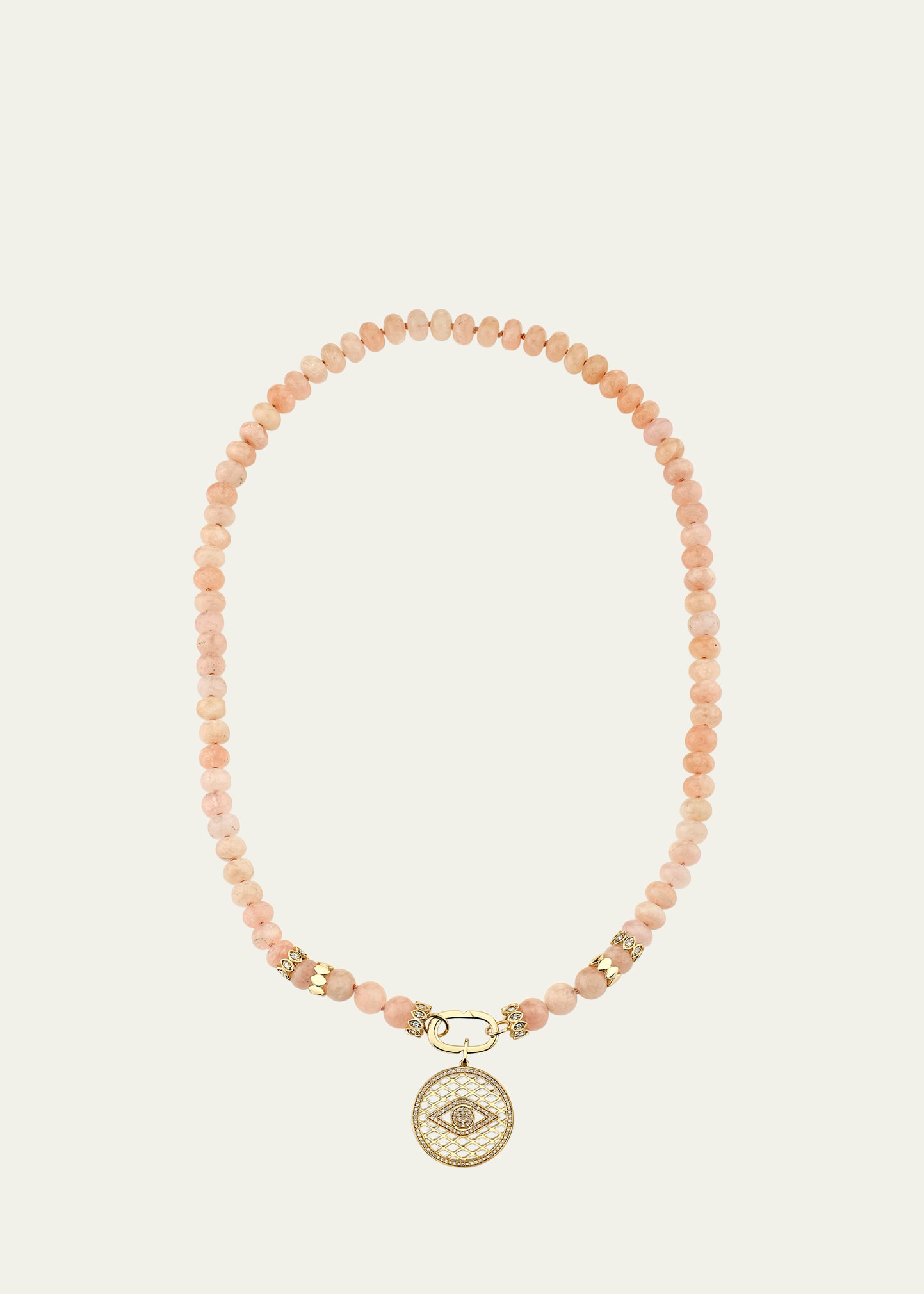 SYDNEY EVAN 14K YELLOW GOLD MULTI MARQUISE RONDELLE MORGANITE BEADED NECKLACE WITH CLIP-ON FISHNET CHARM