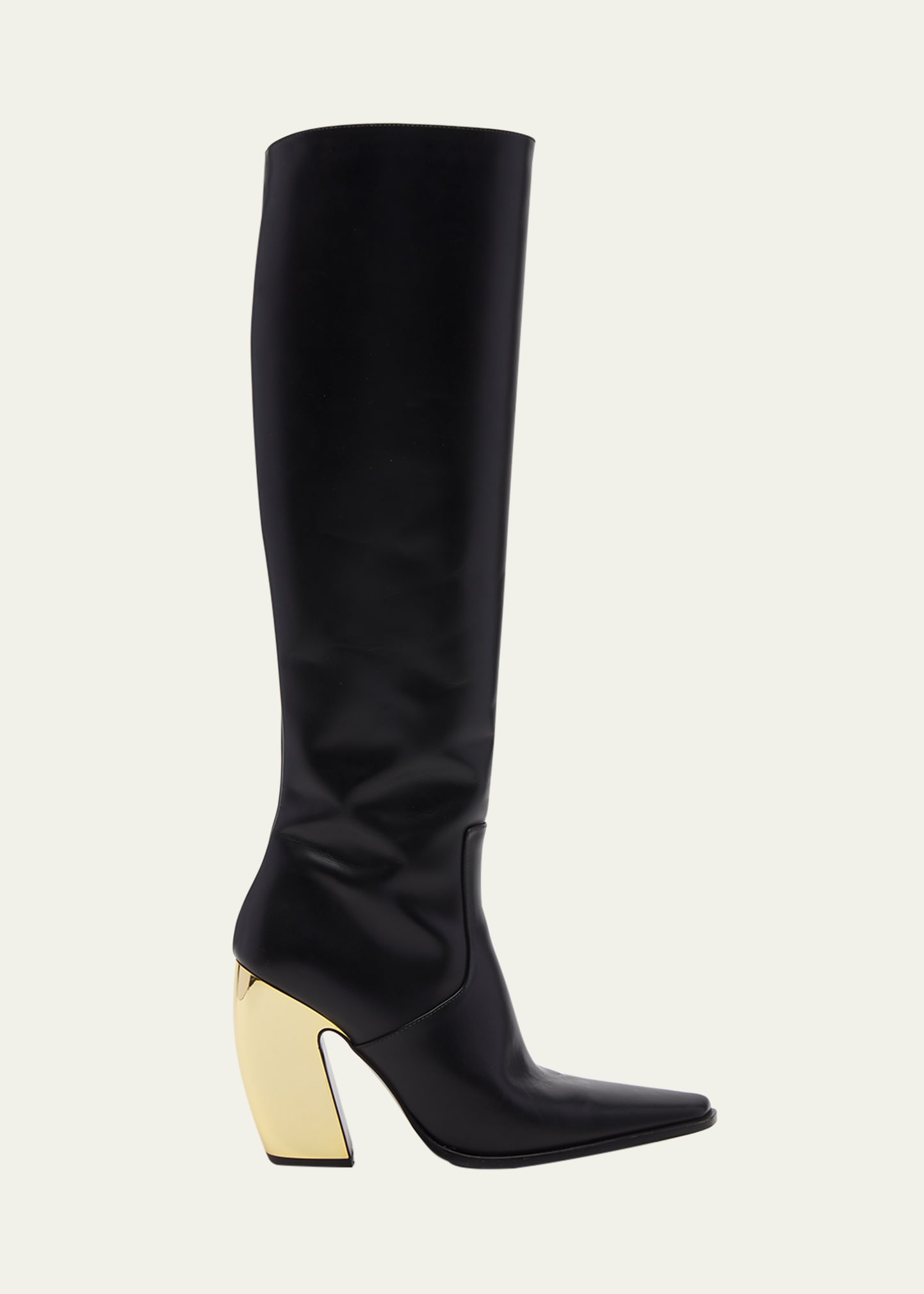 Shop Bottega Veneta Tex Leather Chrome-heel Knee Boots In 1469 Black Gold