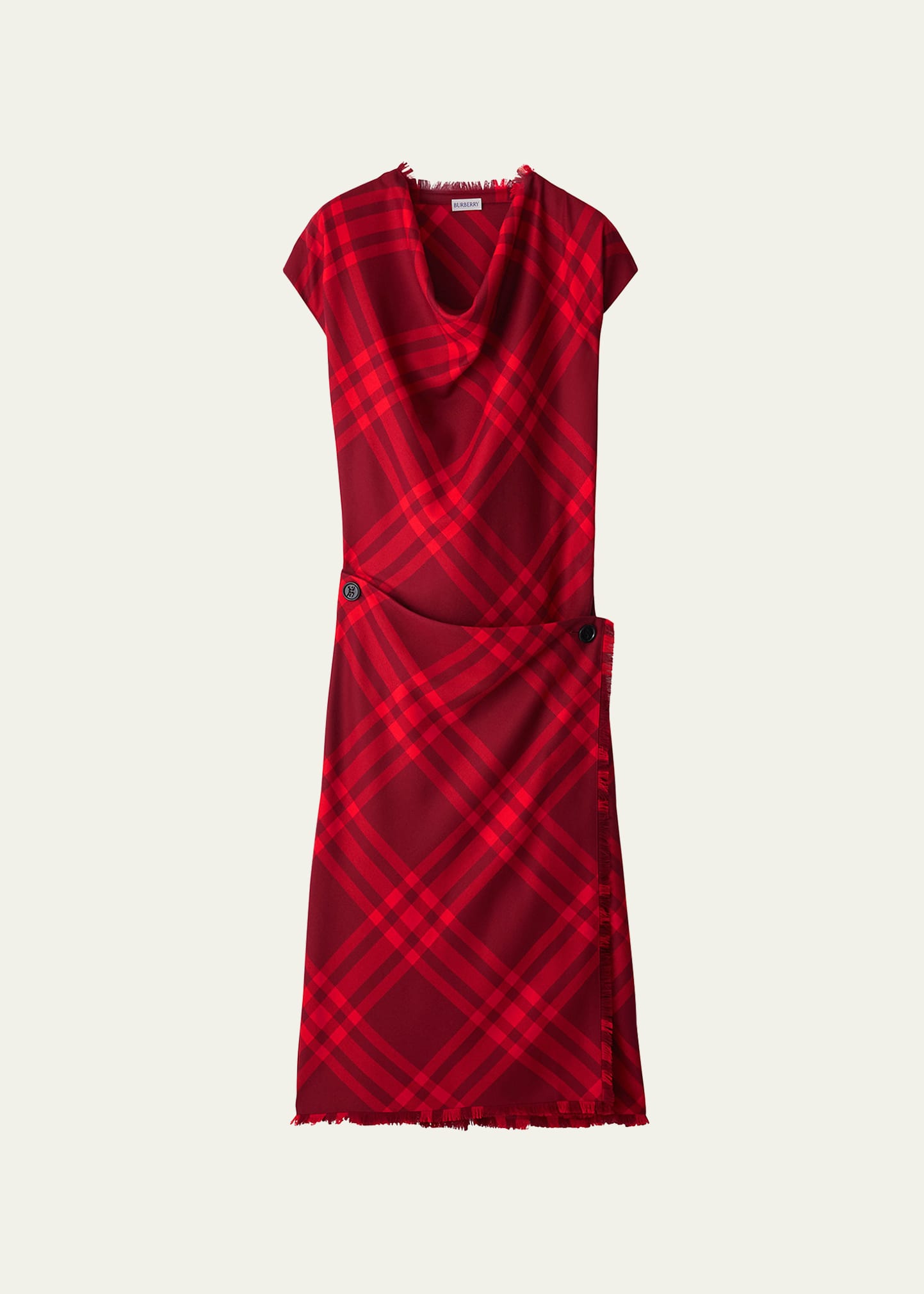 Shop Burberry Check Cap-sleeve Fringe-edge Wrap Wool Dress In Ripple Ip Check