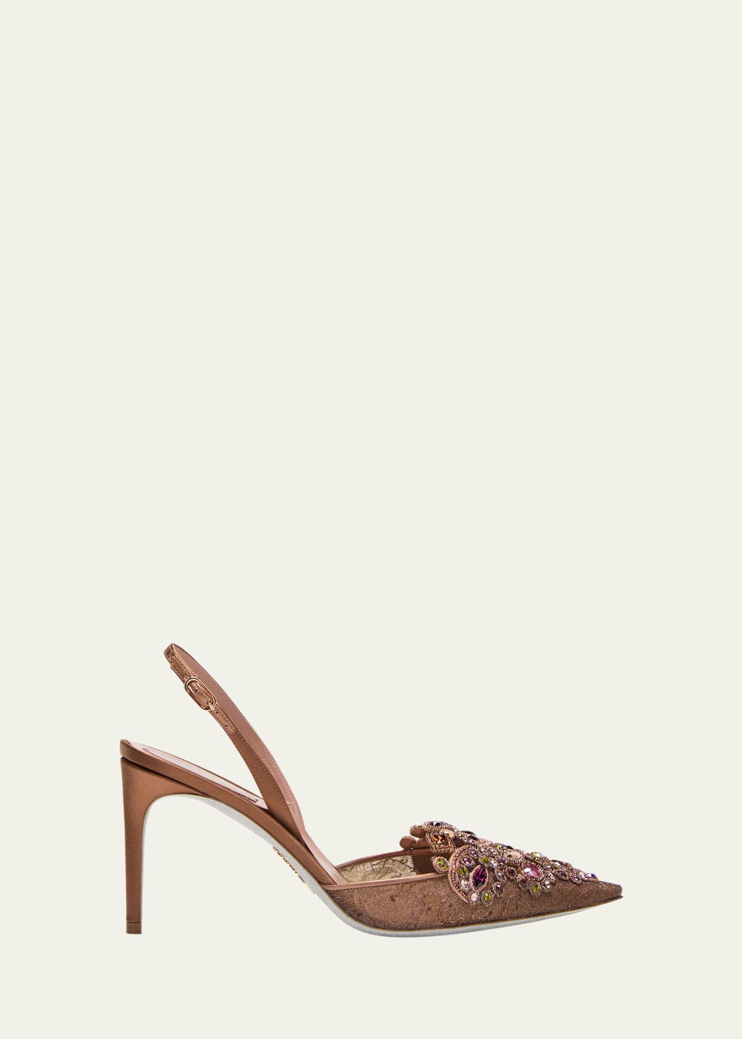 René Caovilla Crystal Embroidered Silk Slingback Pumps In Brown Lace-satinl