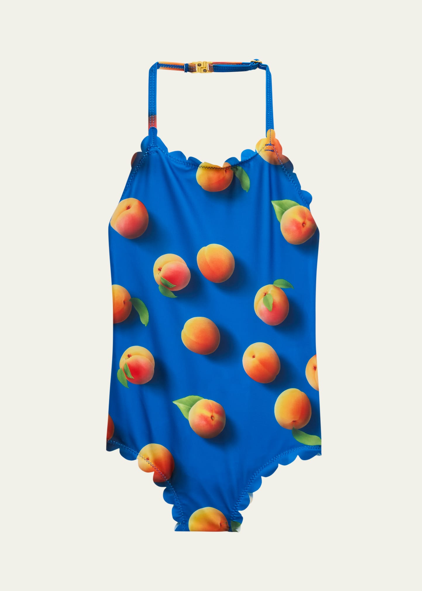Shop Molo Girl's Noelle Peach-print Scallop Swimsuit In Apricot
