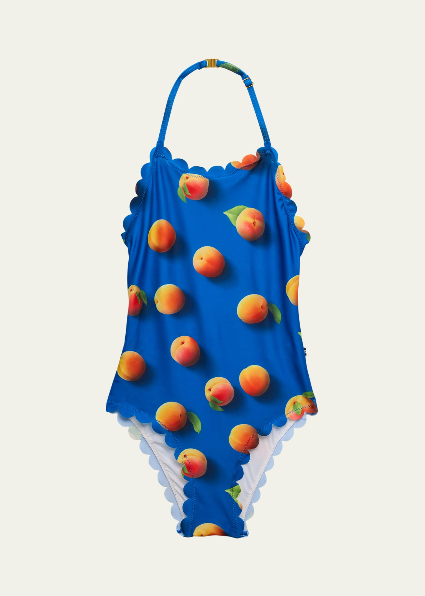 Shop Molo Girl's Noelle Peach-print Scallop Swimsuit In Apricot
