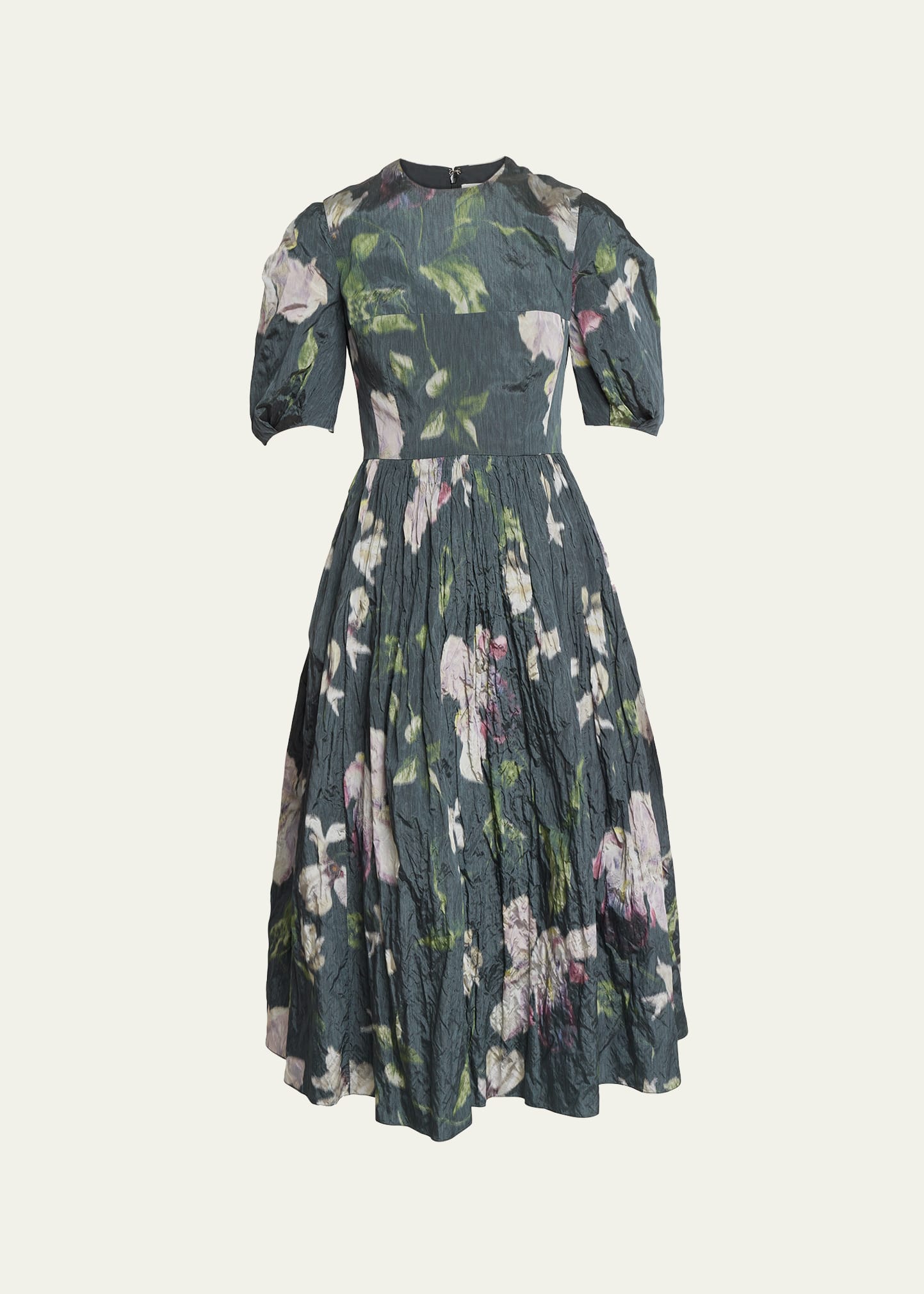 Erdem Floral-print Crinkle Midi Dress With Volume Skirt In Black