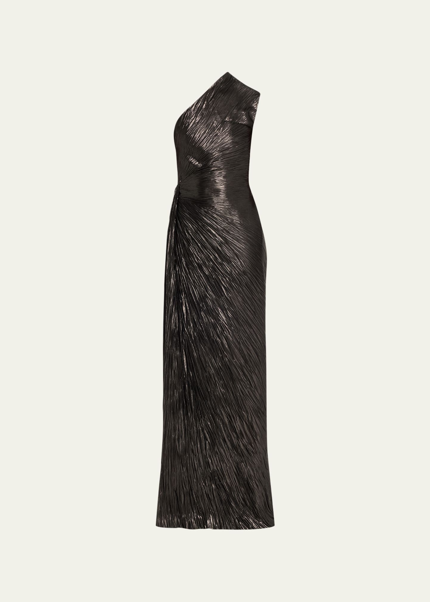Polo Ralph Lauren Hadlea One-shoulder Plisse Metallic-silk Gown In Grey