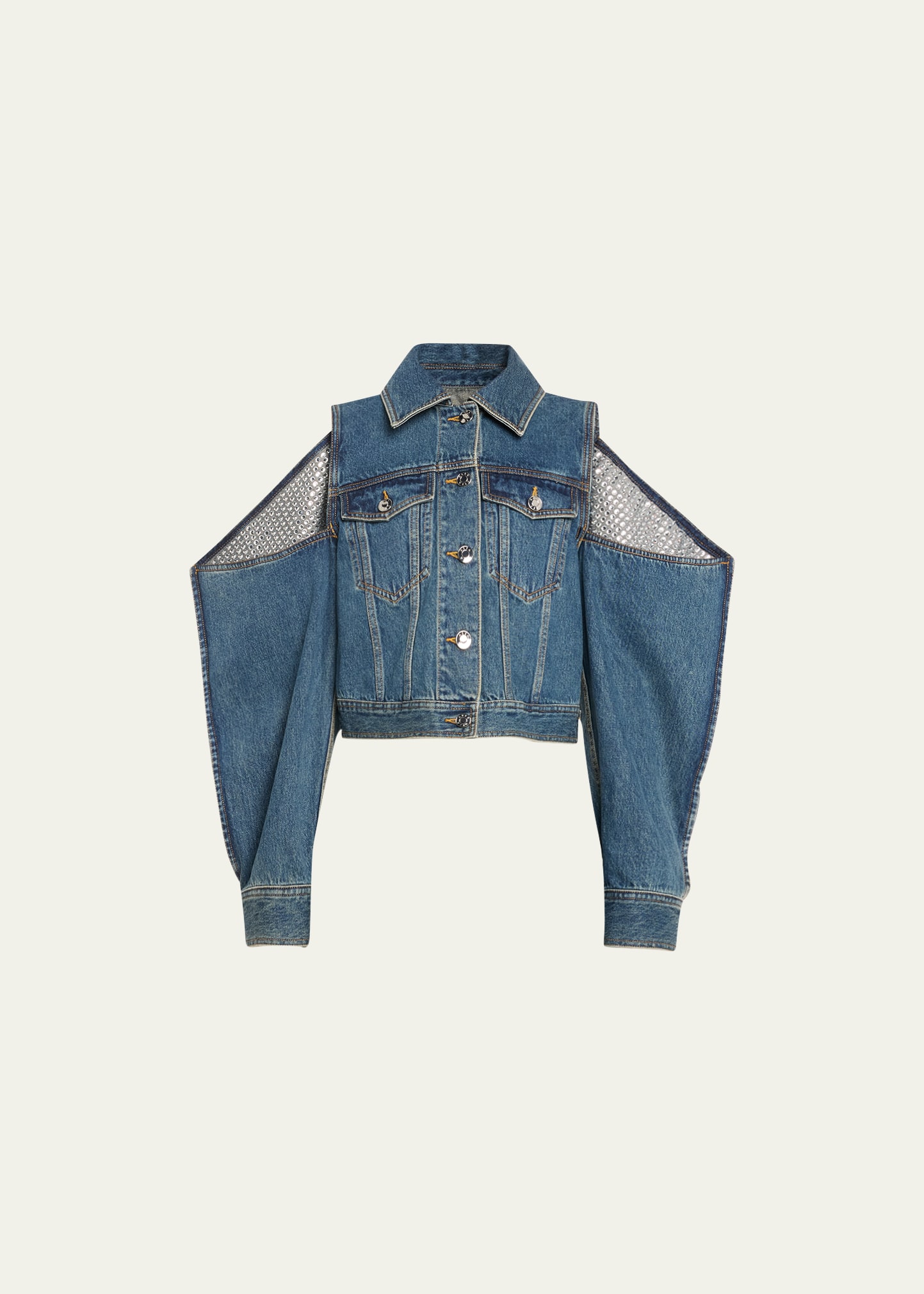 Area Cutout Crystal-embellished Denim Jacket In Vintage Indigo