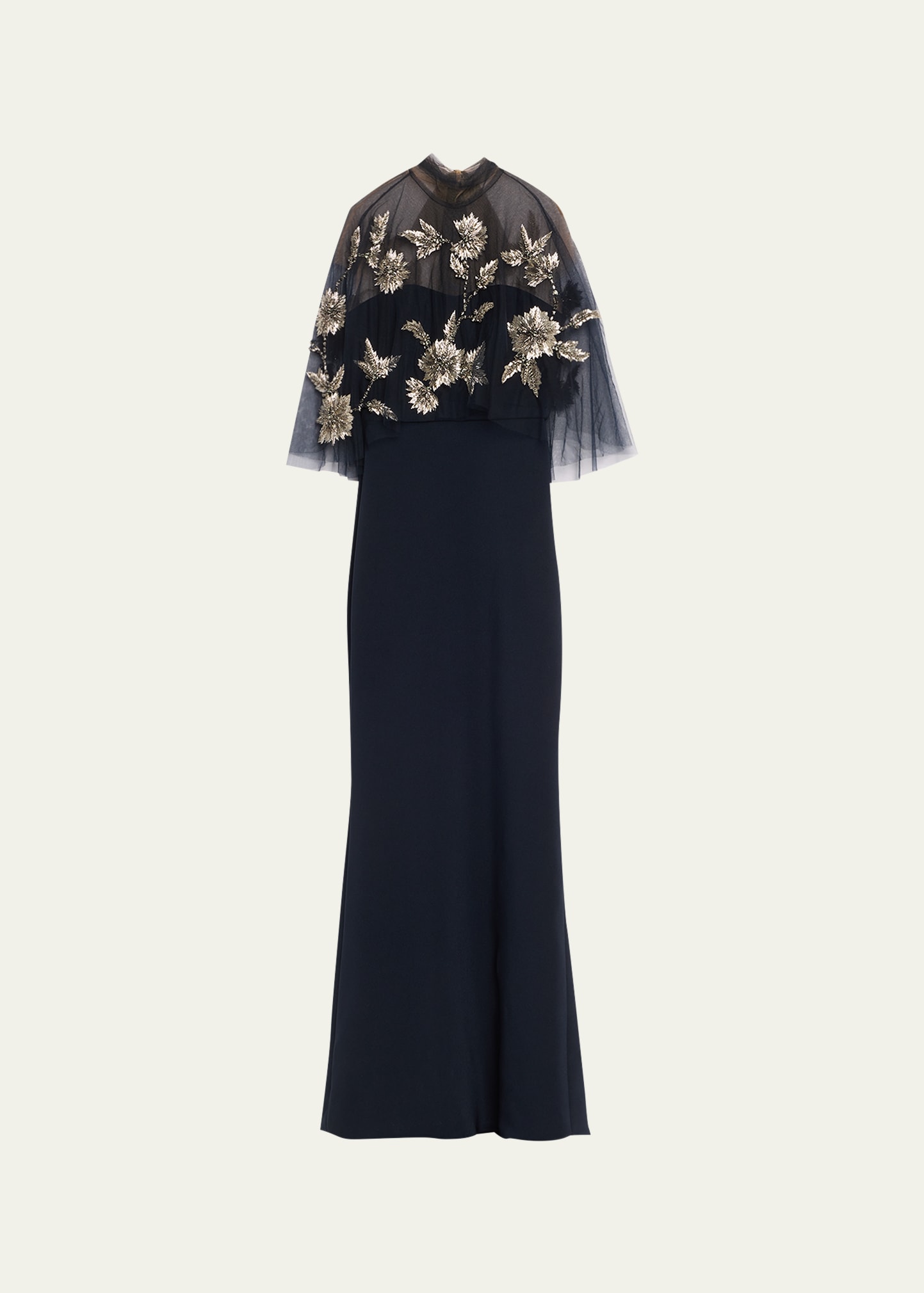 Marchesa Stretch Crepe Column Gown With Overlay In Navy