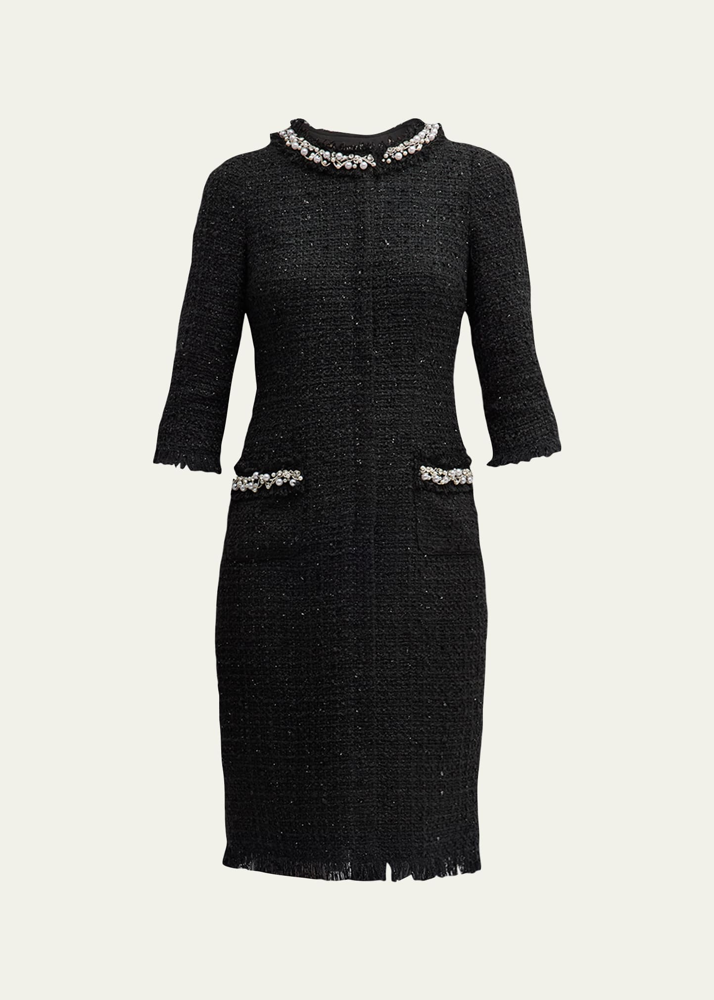 Shop Rickie Freeman For Teri Jon Pearly-trim Metallic Boucle Midi Dress In Black