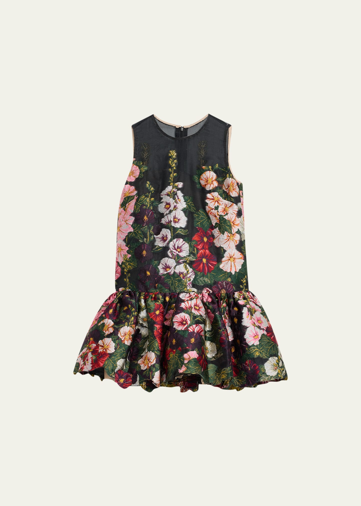 Shop Oscar De La Renta Hollyhocks Embroidered Drop-waist Fil Coupe Mini Dress In Pink/black
