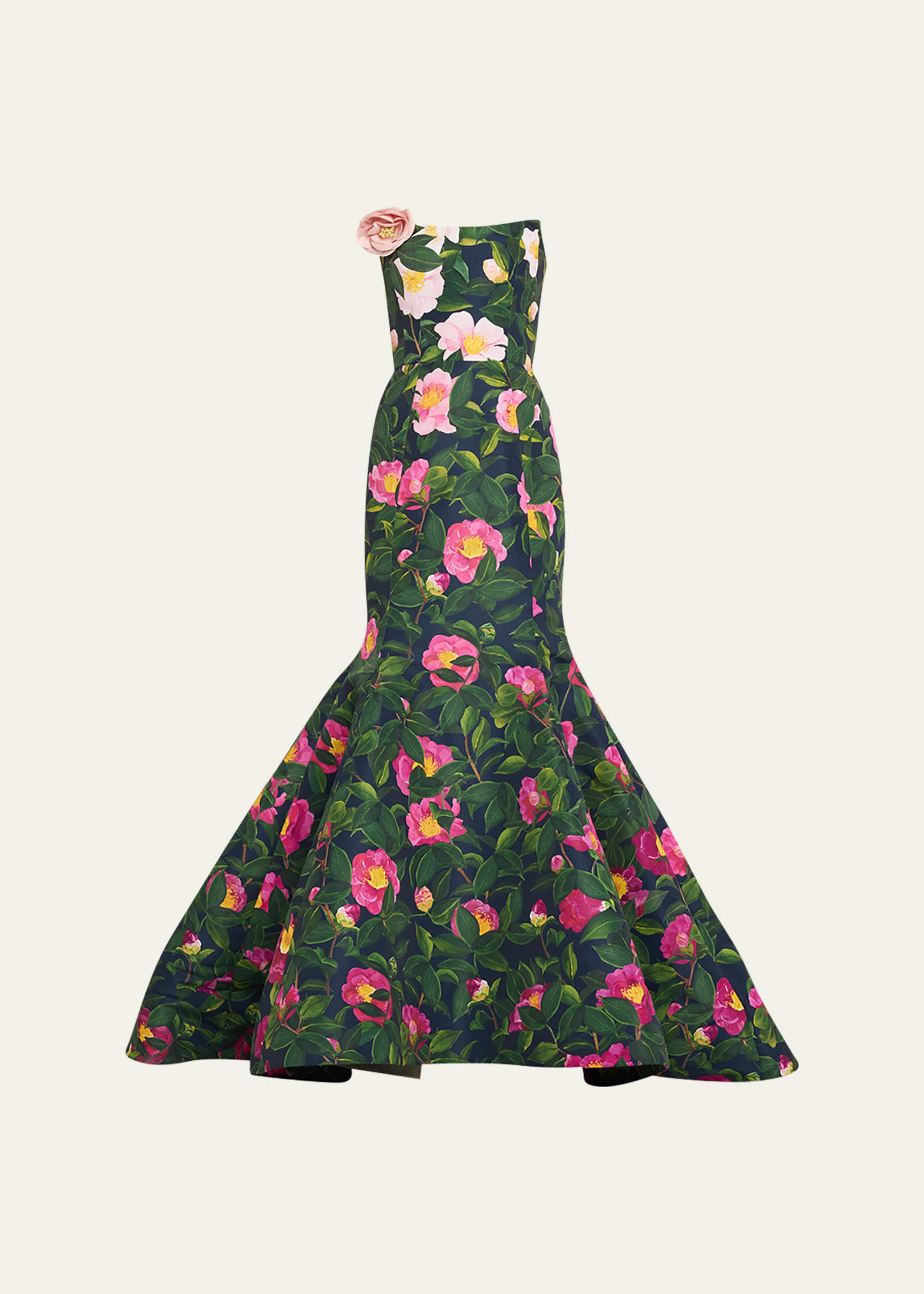 Shop Oscar De La Renta Strapless Flower-applique Camellia Faille Mermaid Gown In Pink/navy