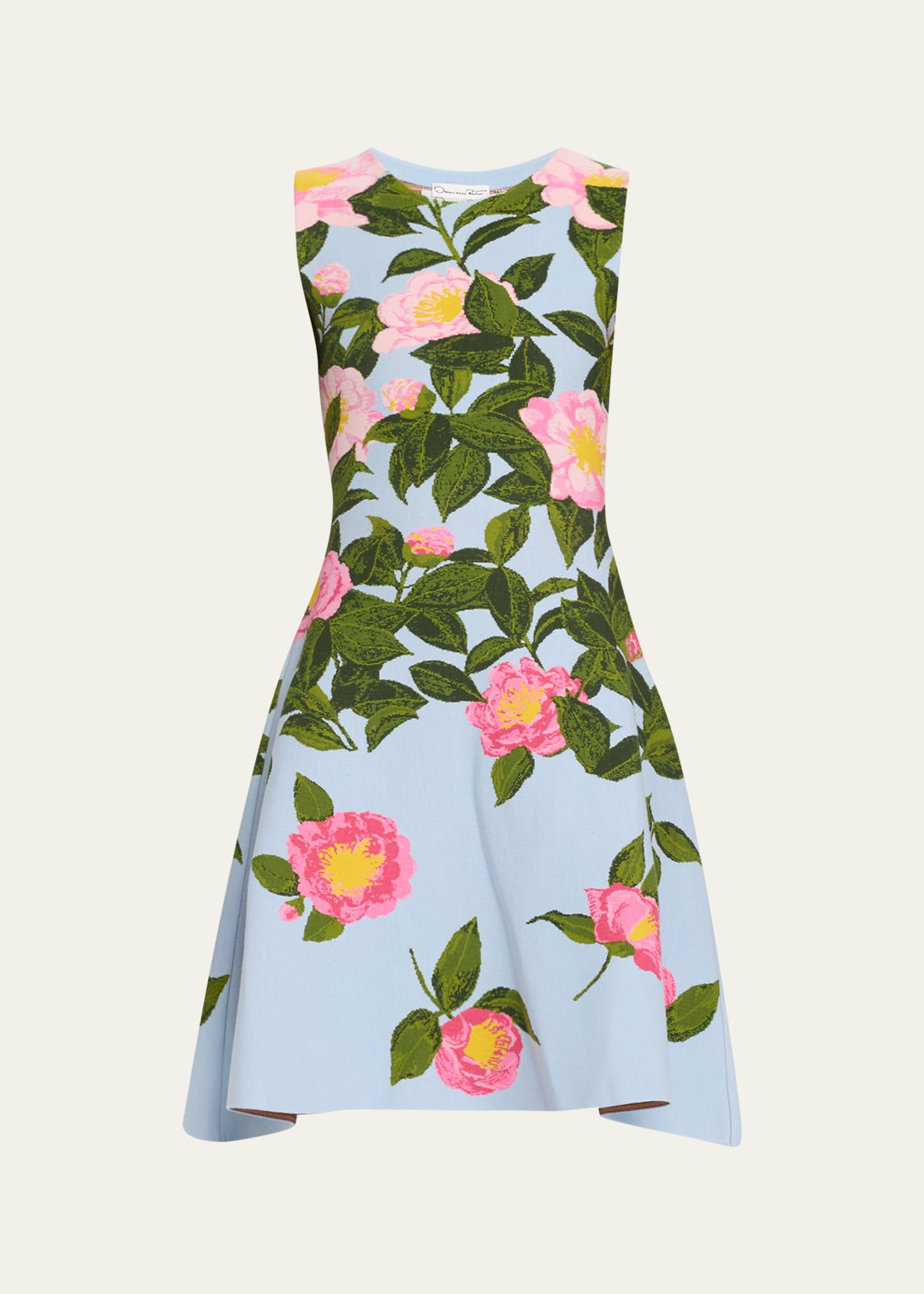 Shop Oscar De La Renta Camellia Jacquard Fit-&-flare Knit Sleeveless Dress In Pink/pale Blue