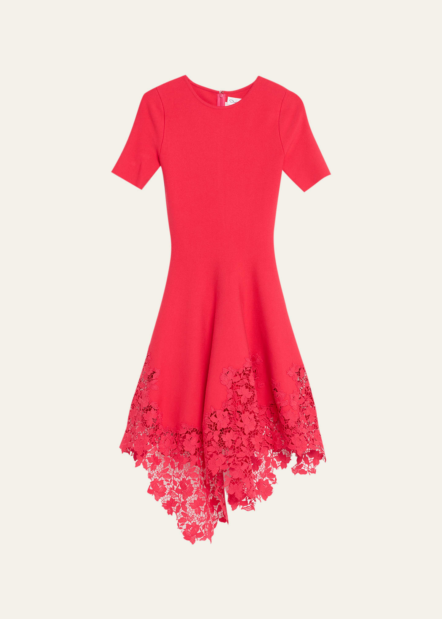 Shop Oscar De La Renta Asymmetric Gardenia Guipure-hem Short-sleeve Knit Dress In Cerise