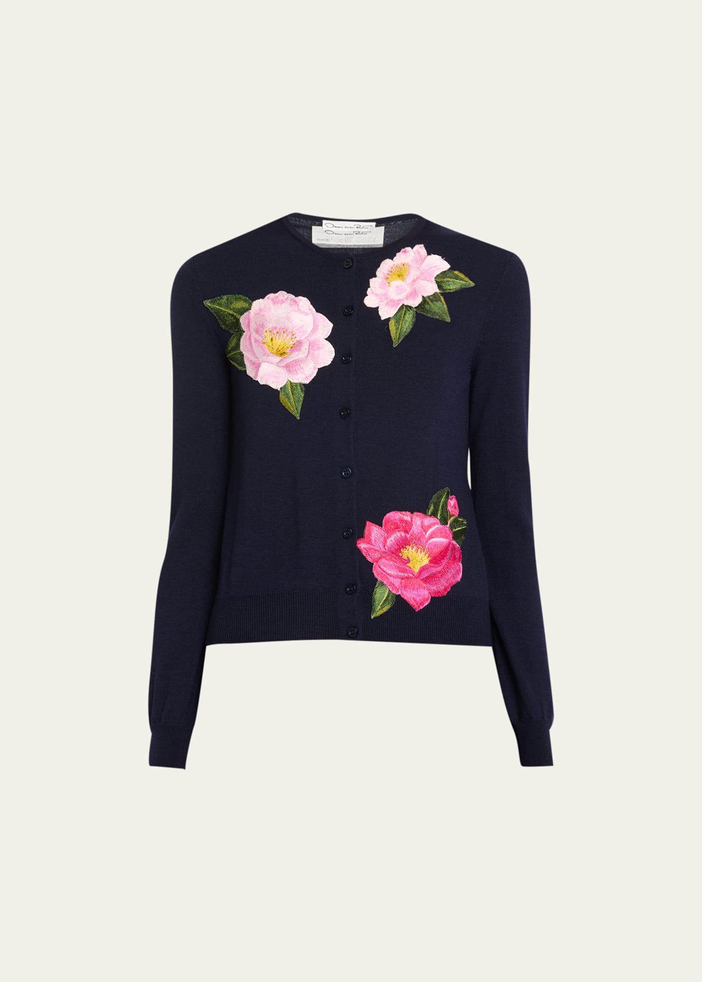 Oscar De La Renta Camellia Threadwork Wool Cardigan In Pink/navy