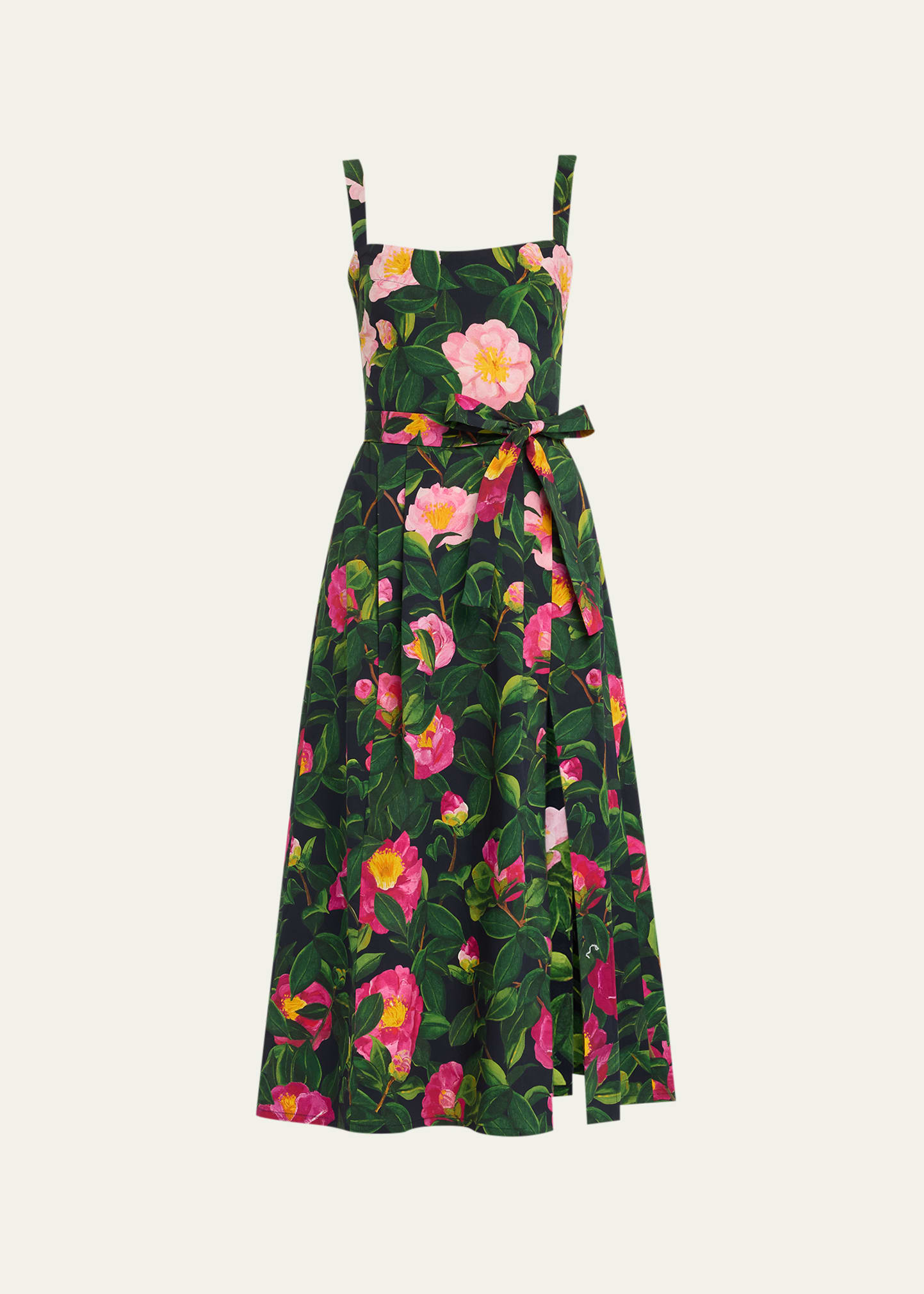 Shop Oscar De La Renta Camellias-print Belted Slit-hem Poplin Midi Dress In Pink/navy