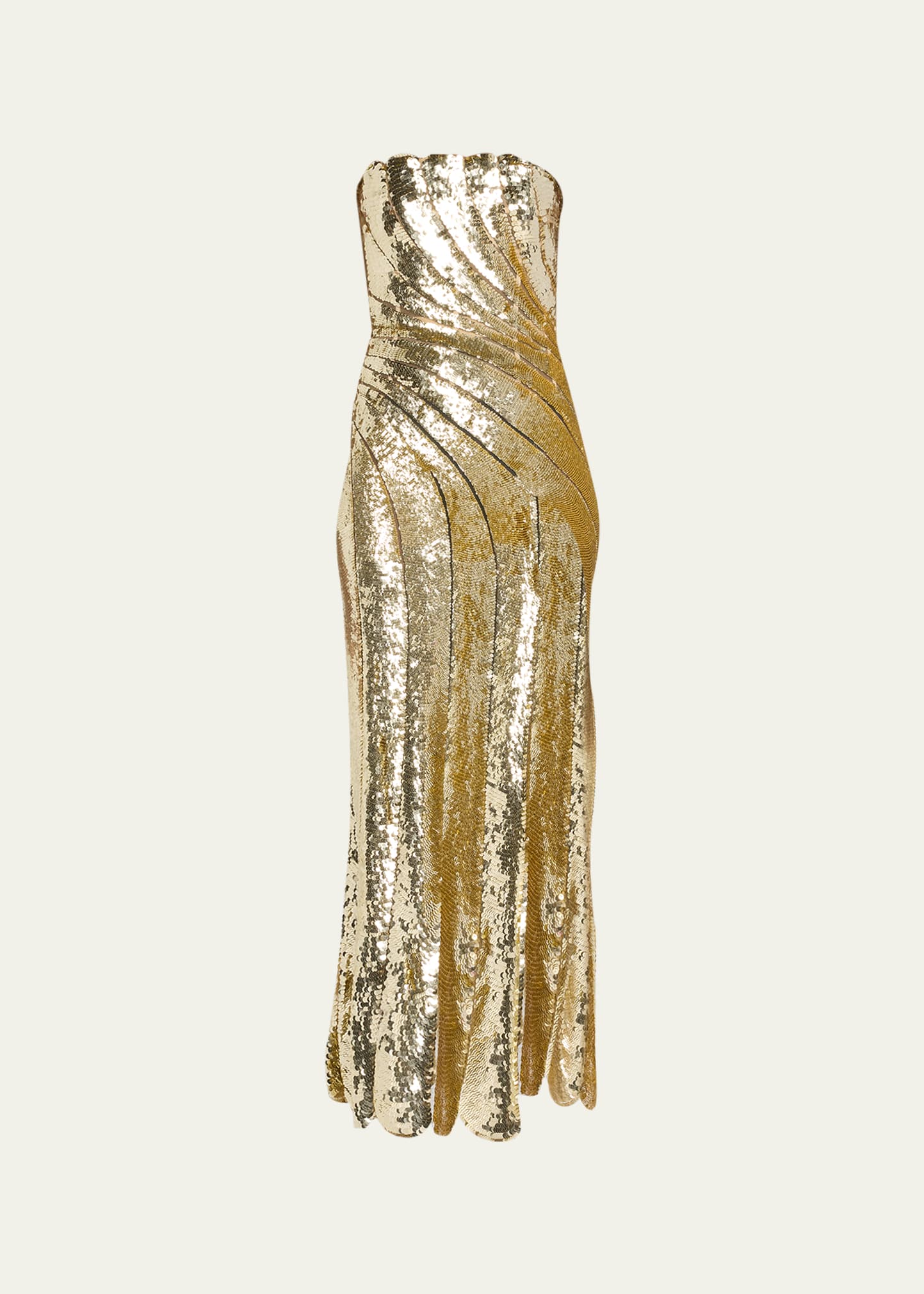 Shop Oscar De La Renta Strapless Sequined Wave Scallop Dress In Gold
