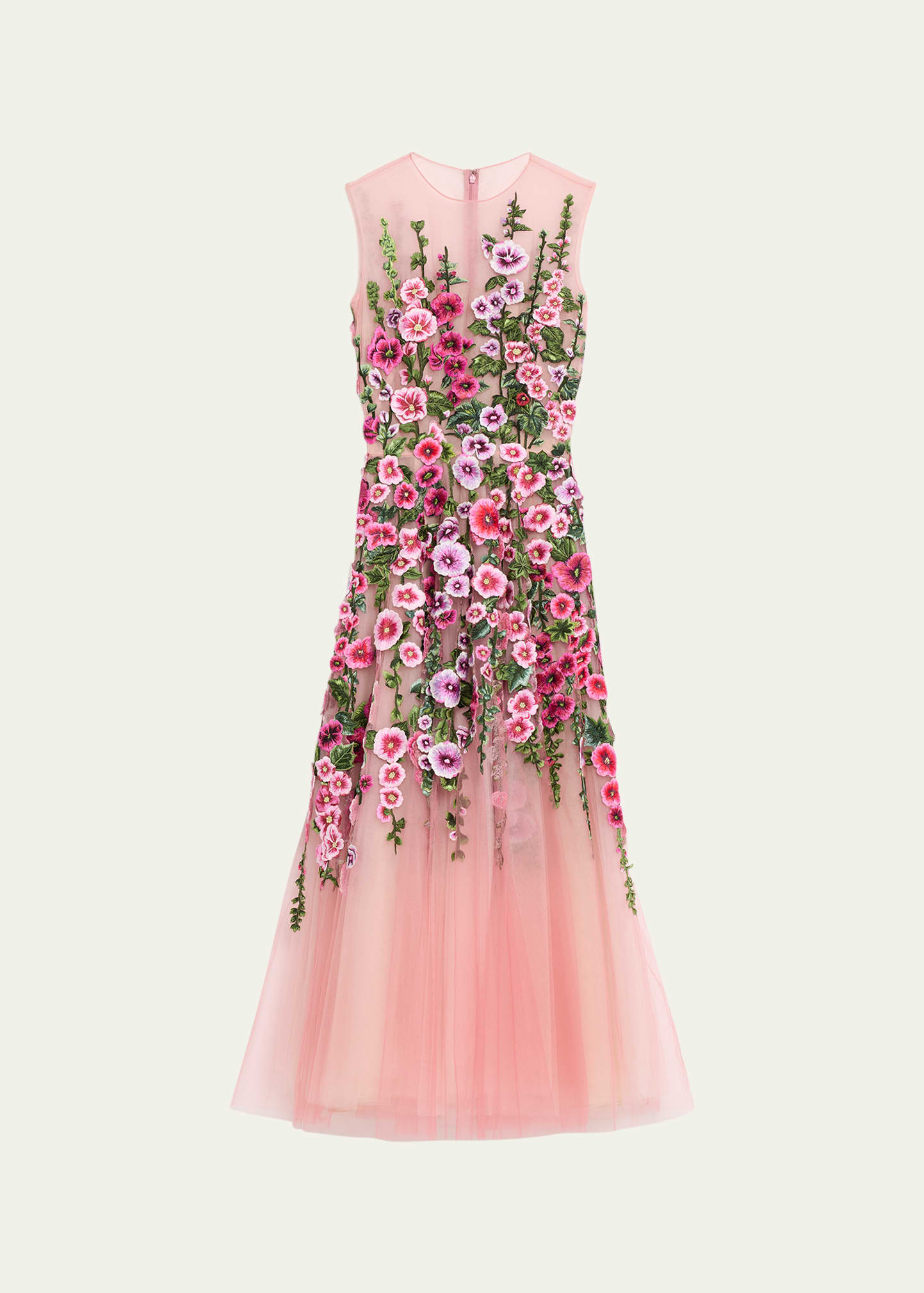Shop Oscar De La Renta Floral-embroidered Tulle Dress In Dk Rose W Mlti