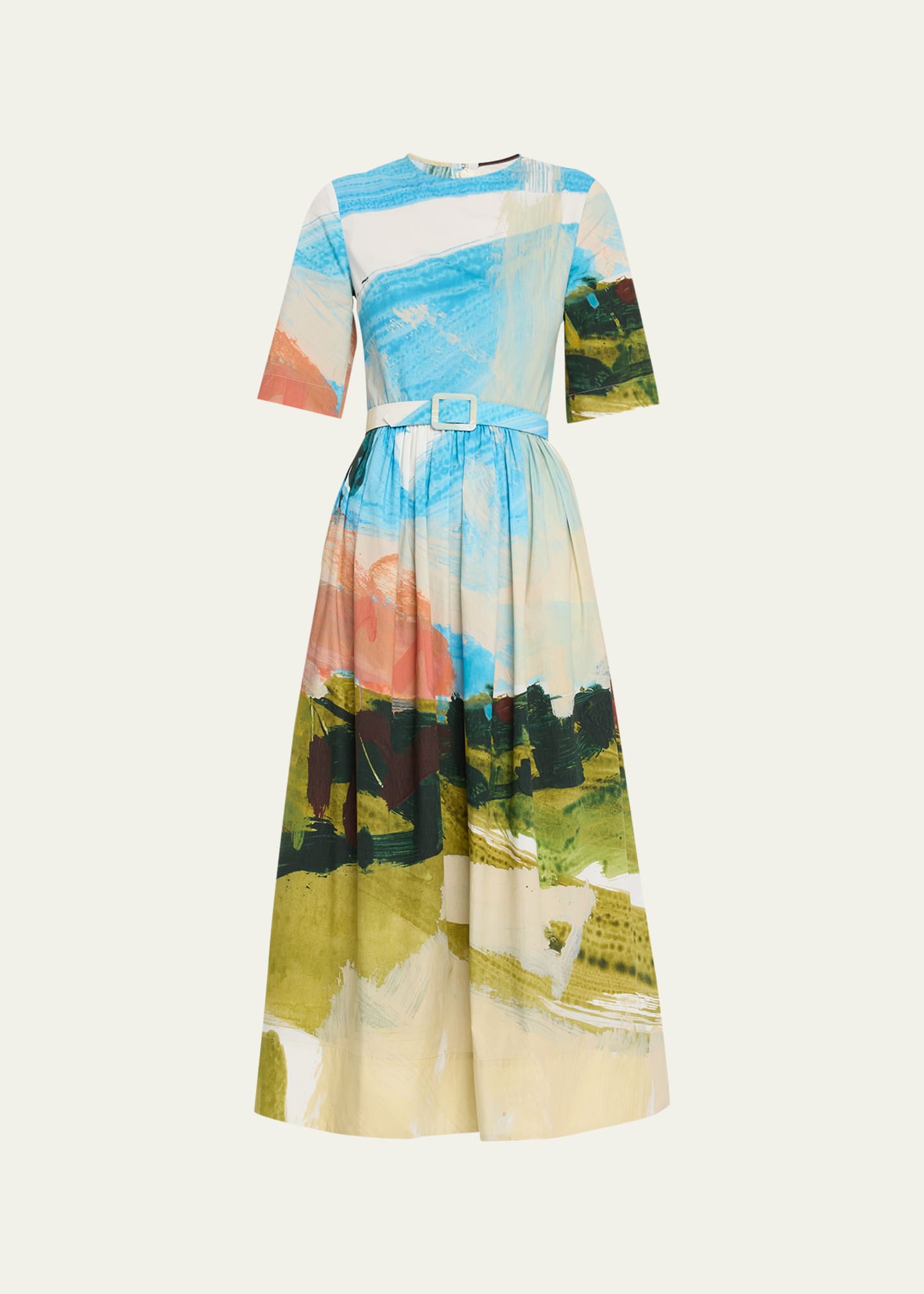 Oscar De La Renta Abstract Landscape Print Flared Midi Dress With Removable Belt In Powder Blue Mul