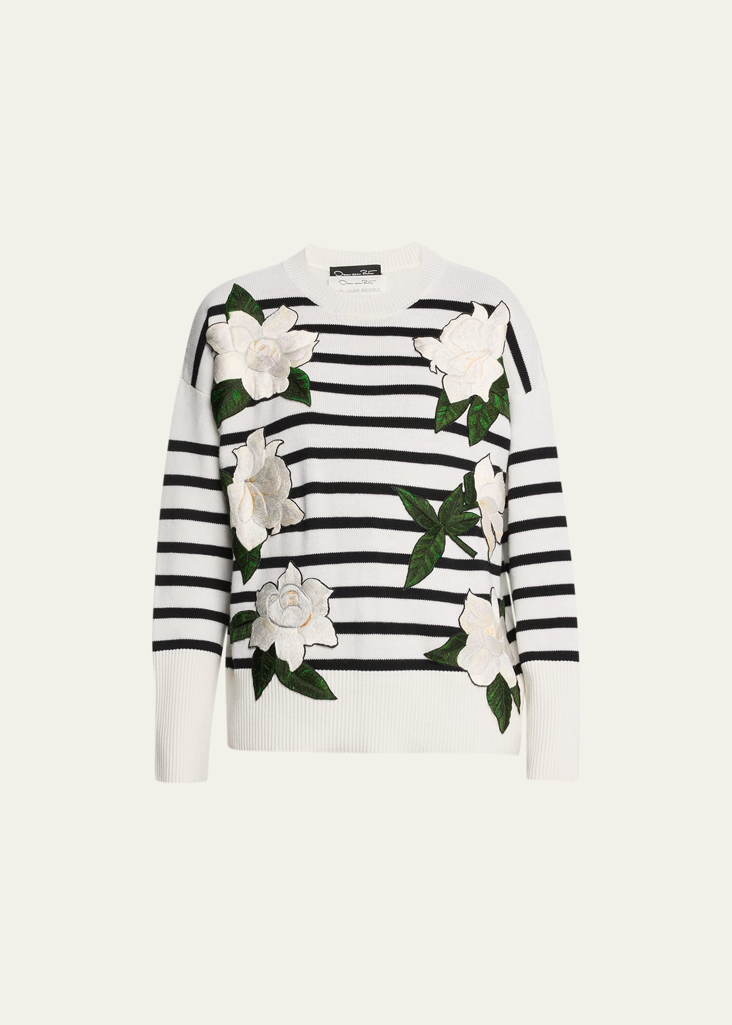 Oscar De La Renta Gardenia Applique Stripe Wool Jumper In White/black