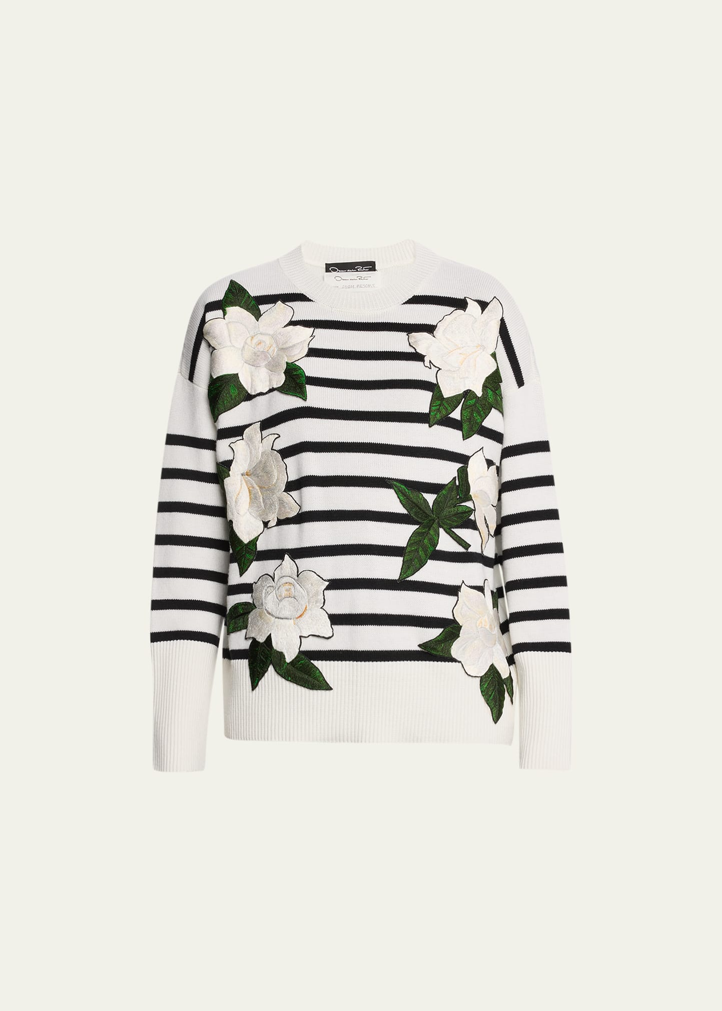 Oscar De La Renta Gardenia Applique Stripe Wool Sweater In White Black