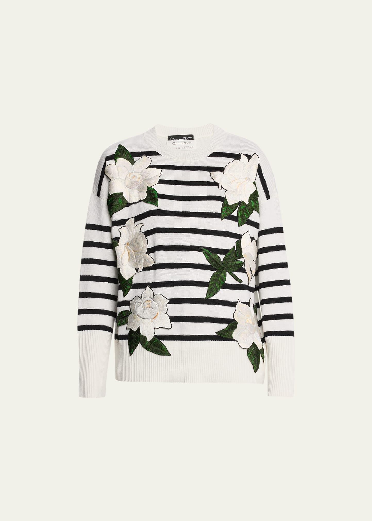 Oscar De La Renta Gardenia Applique Stripe Wool Sweater In White/black