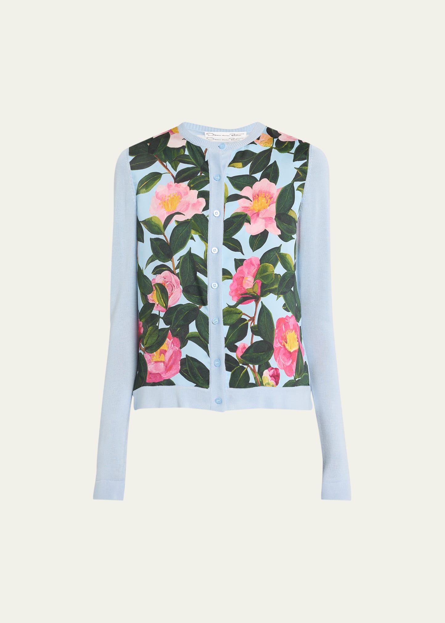 Oscar De La Renta Camellia Print Inset Cardigan In Pink Pale Blue