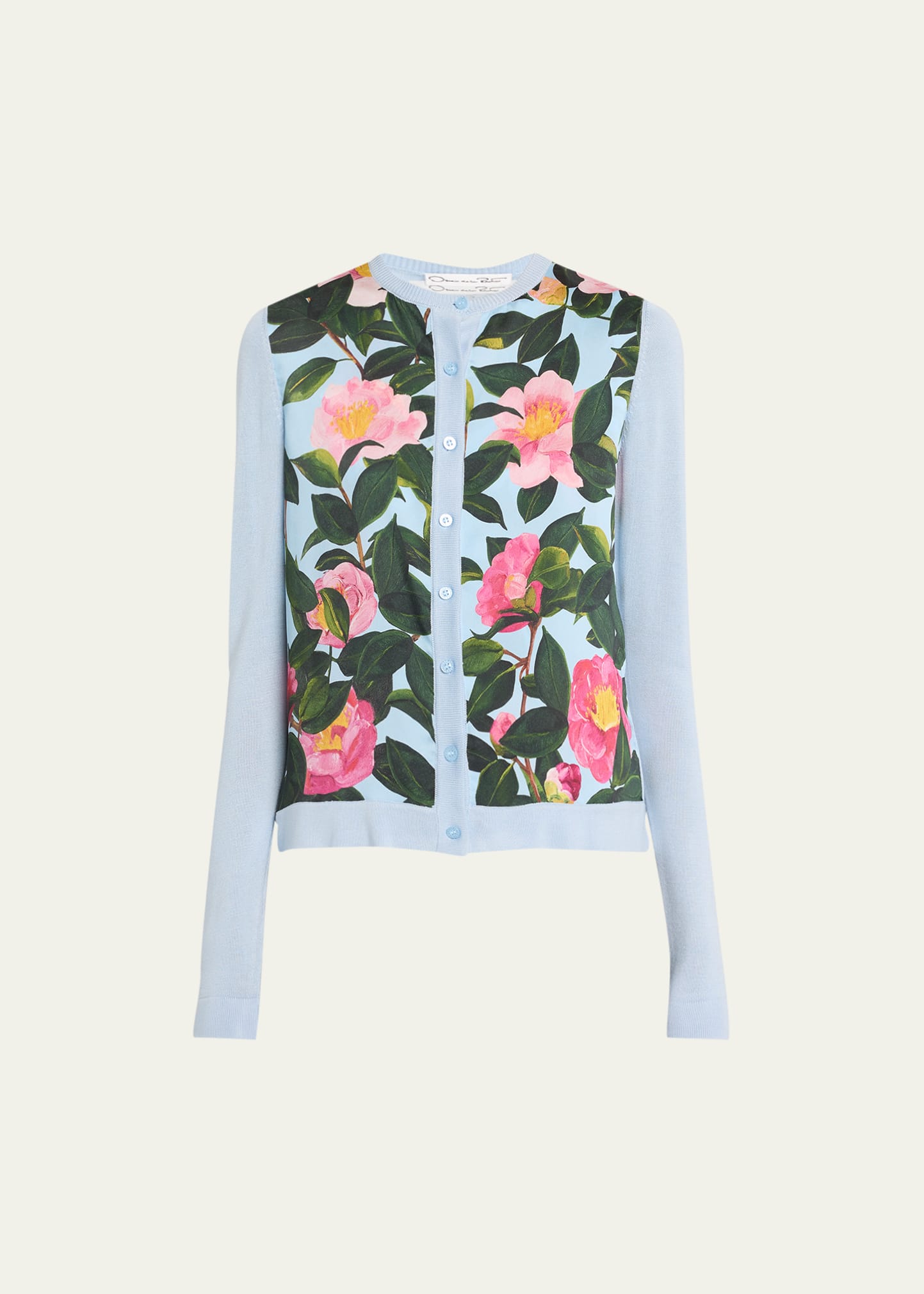 Shop Oscar De La Renta Camellia Print Inset Cardigan In Pink Pale Blue