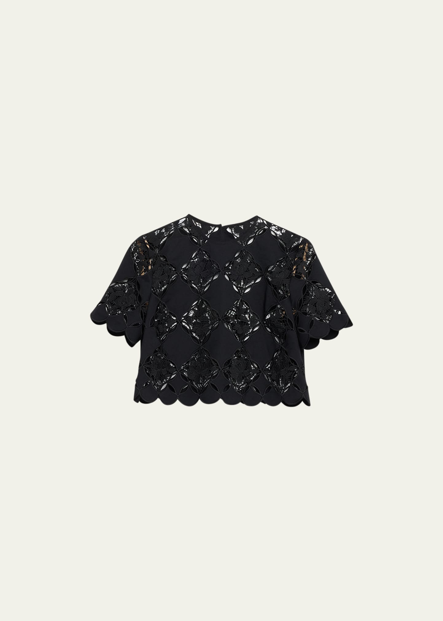 Oscar De La Renta Short Sleeve Jewel Neck Gardenia Guipure Eyelet Blouse In Black