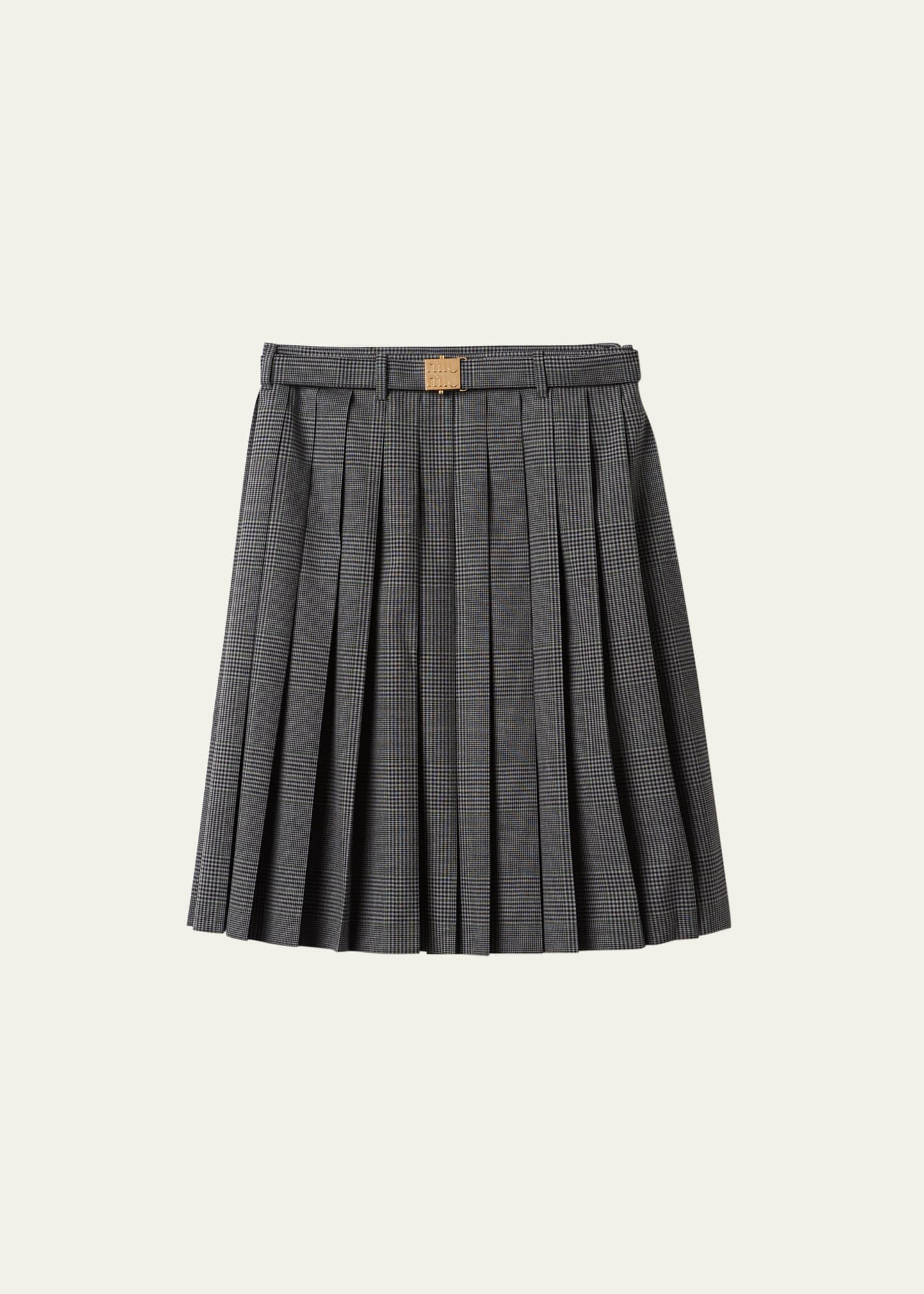 Prince de Galles Wool Pleated Midi Skirt