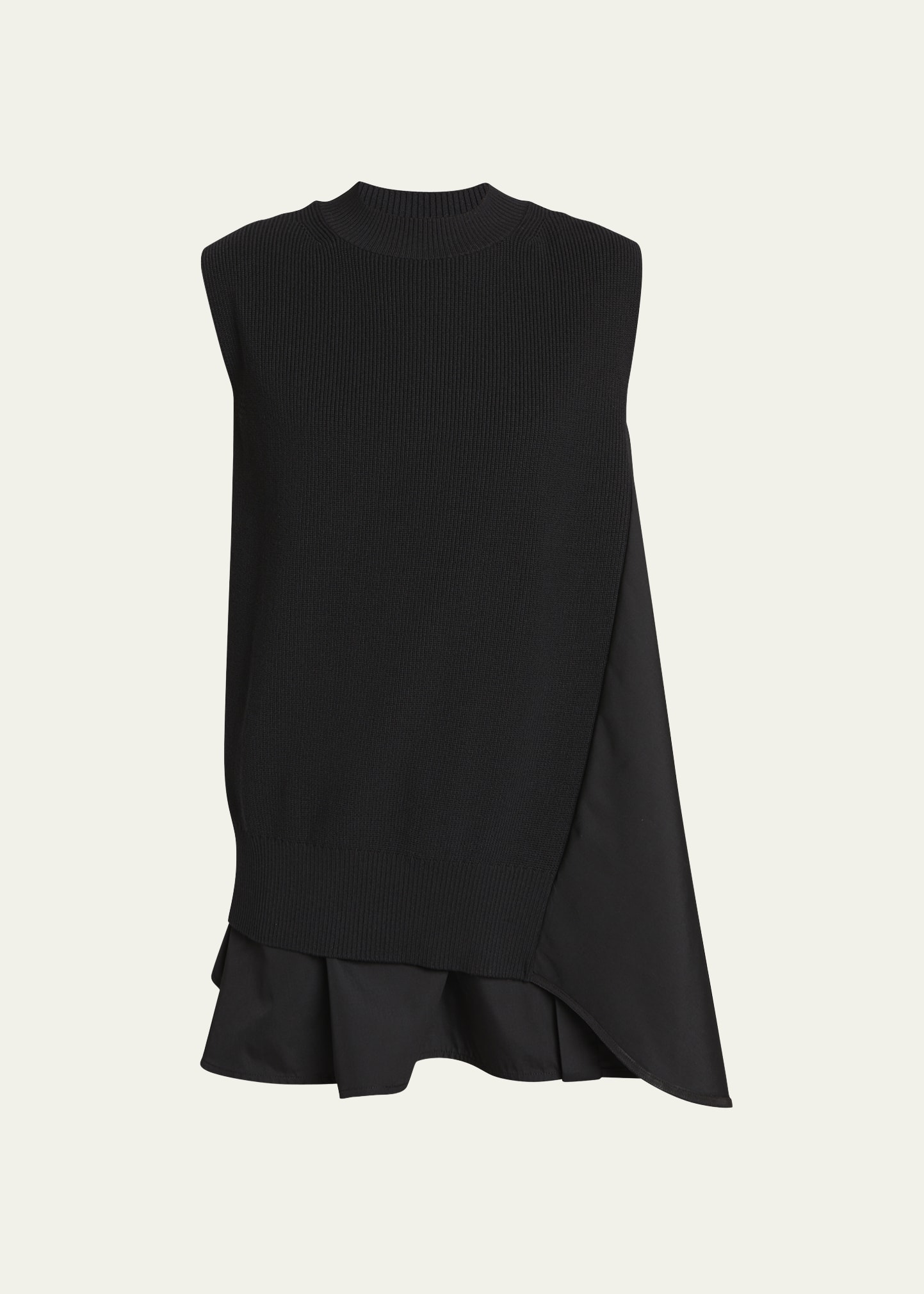 Sacai Mixedmedia Mockneck Sleeveless Sidepanel Mini Dress In Black