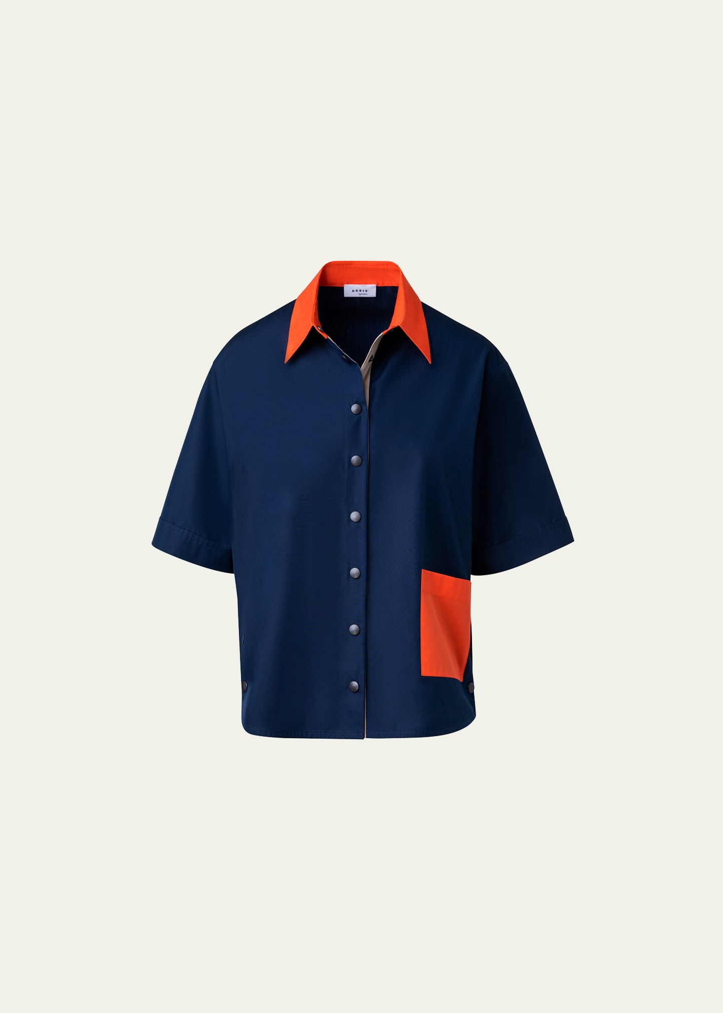 Akris Punto Colorblock Short-sleeve Snap-side Blouse In Navy-orange-cashe