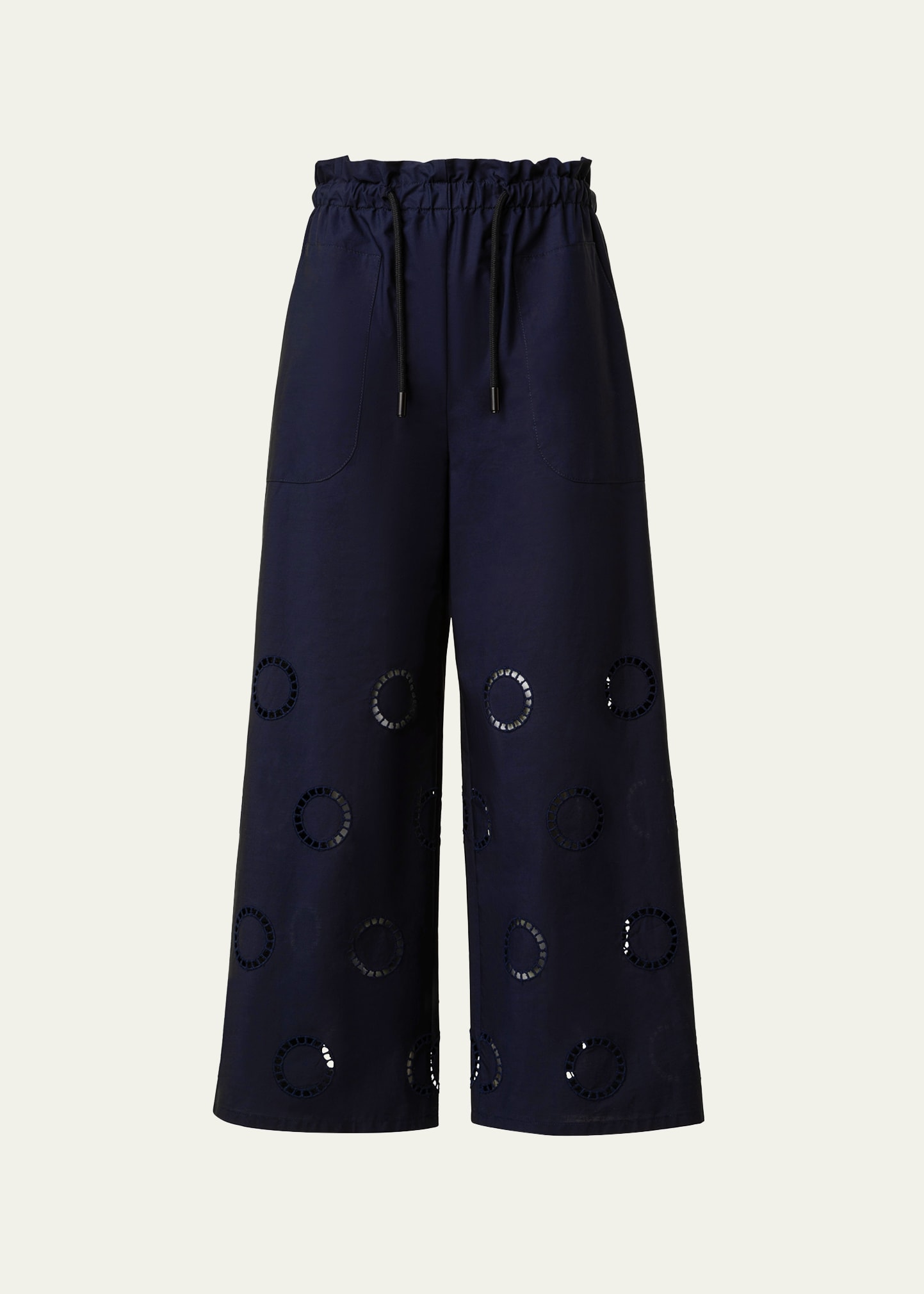 Shop Akris Punto Frey Cotton Drawstring Pants With Circle Eyelet Embroidery In Navy