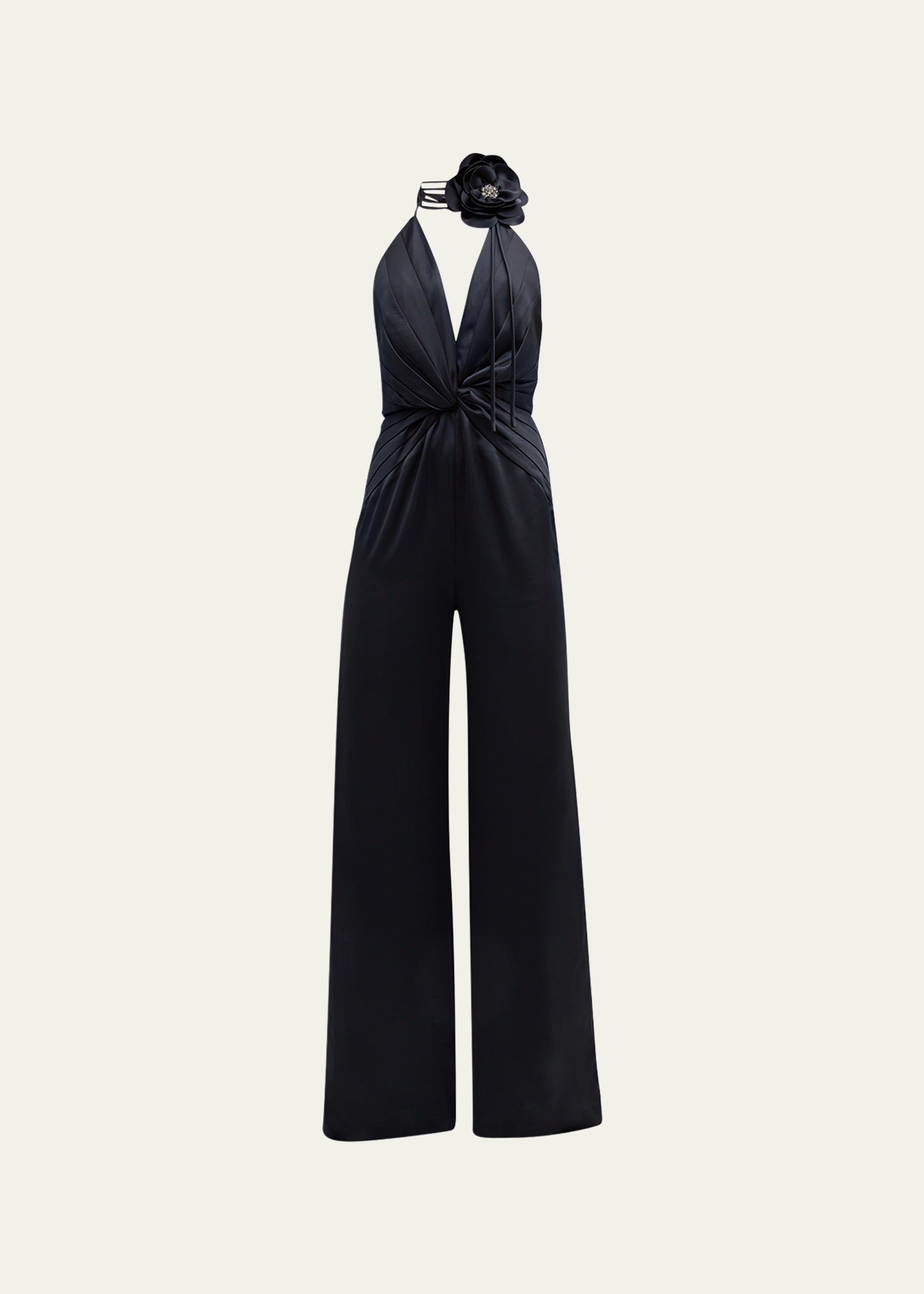 Ramy Brook Angelina Pleated Twist-front Halter Jumpsuit In Black