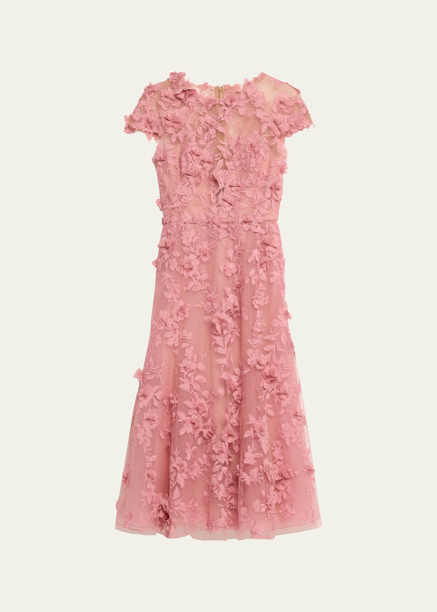 Marchesa Rose Vine Embroidered Illusion Midi Dress