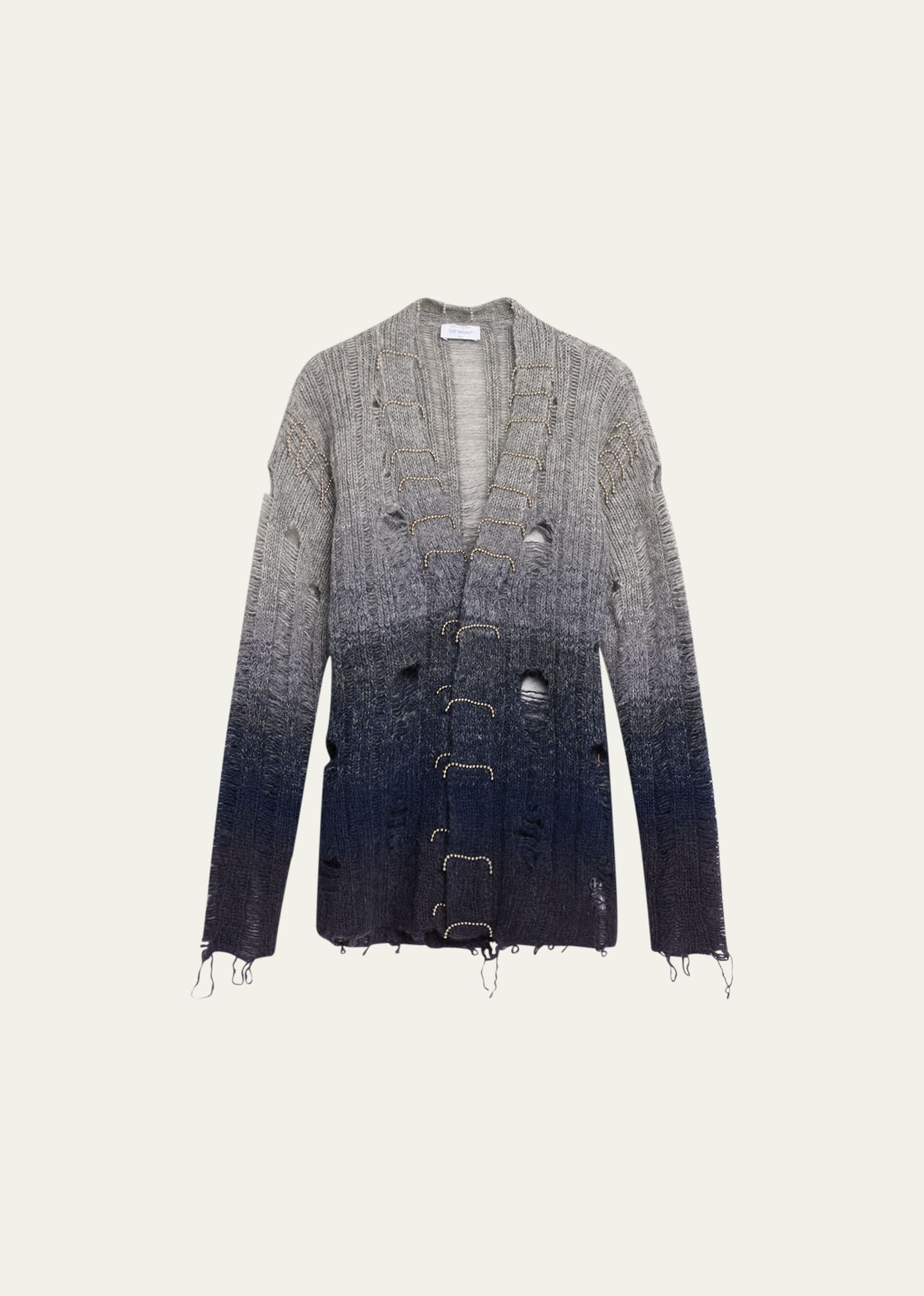 Off-white Distressed Effect Wool Cardigan With Beads Detail In Grey/blue