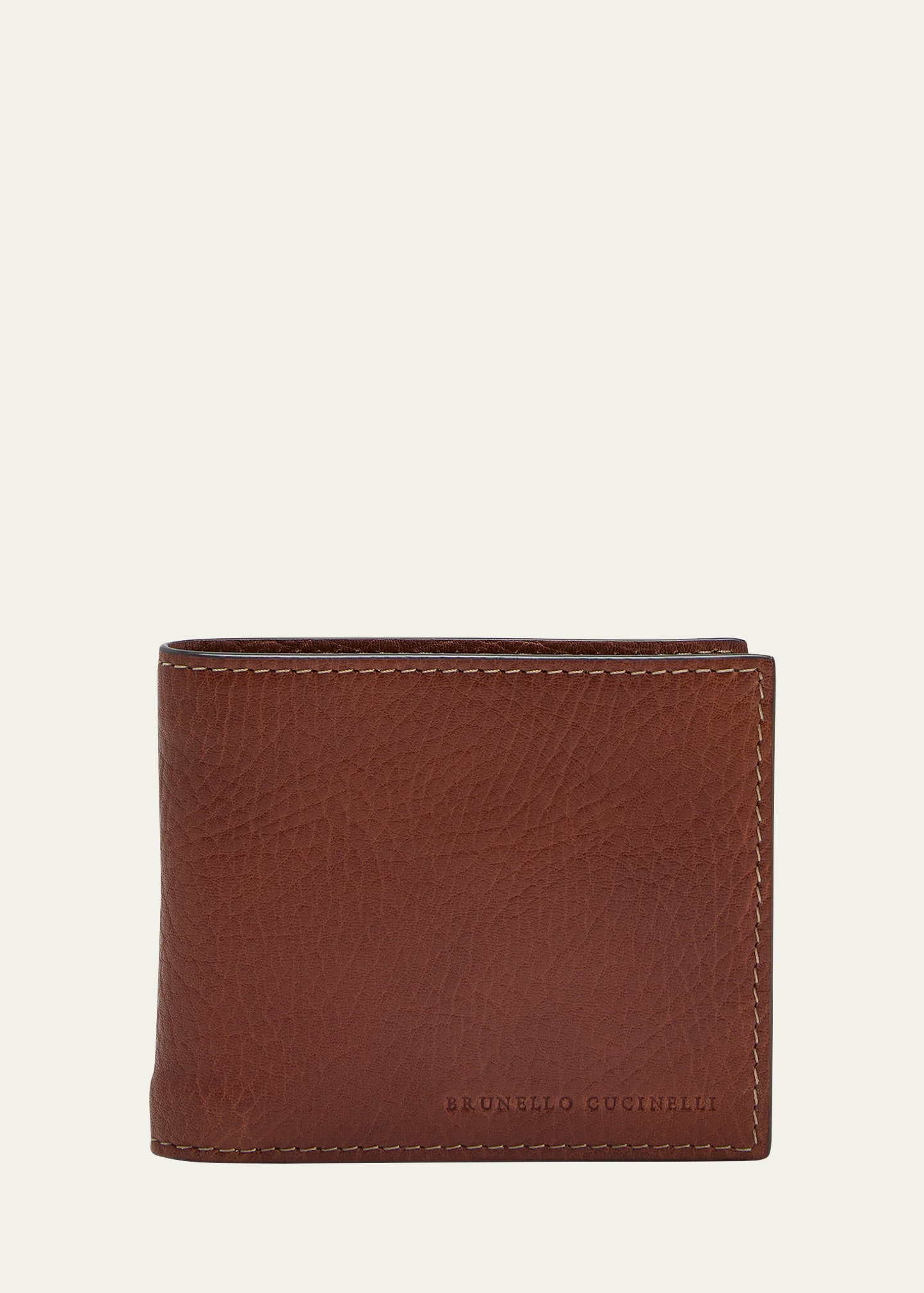 Shop Brunello Cucinelli Men's Grained Calfskin Bifold Wallet In C6608 Brown