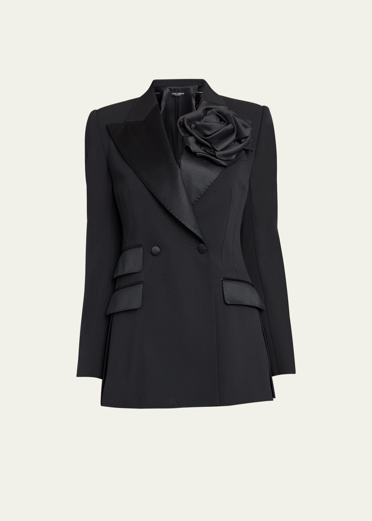 Shop Dolce & Gabbana Wool Tuxedo Jacket With Floral Applique Detail In Black