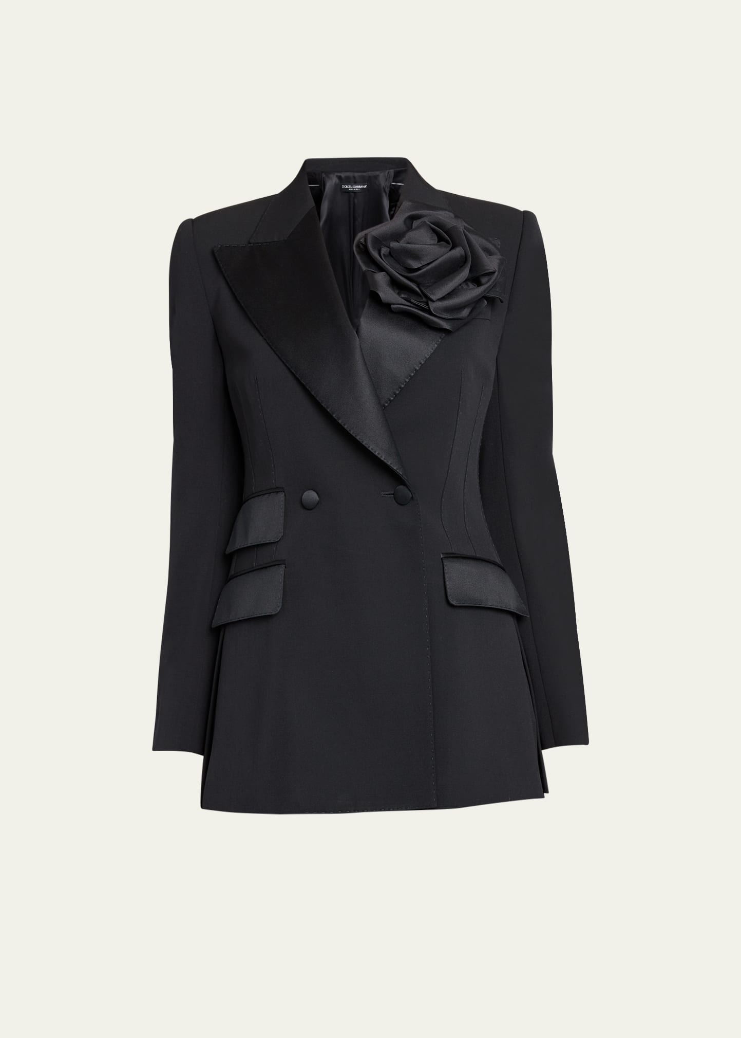 Dolce & Gabbana Wool Tuxedo Jacket With Floral Applique Detail In Black