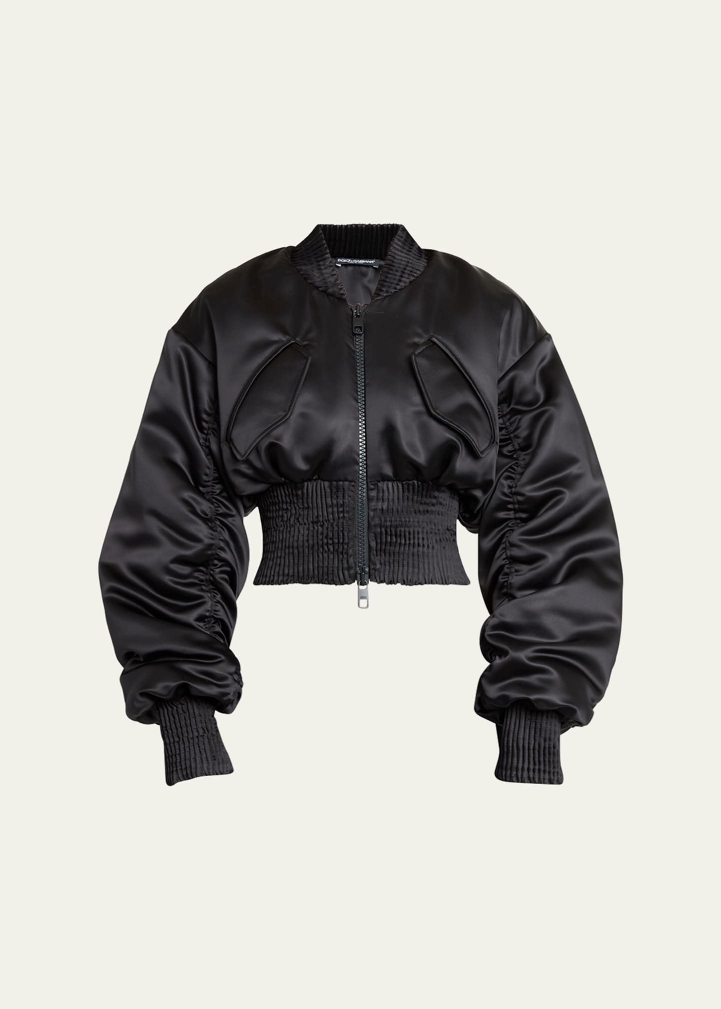 Dolce & Gabbana Draped Satin Cropped Bomber Jacket In Black
